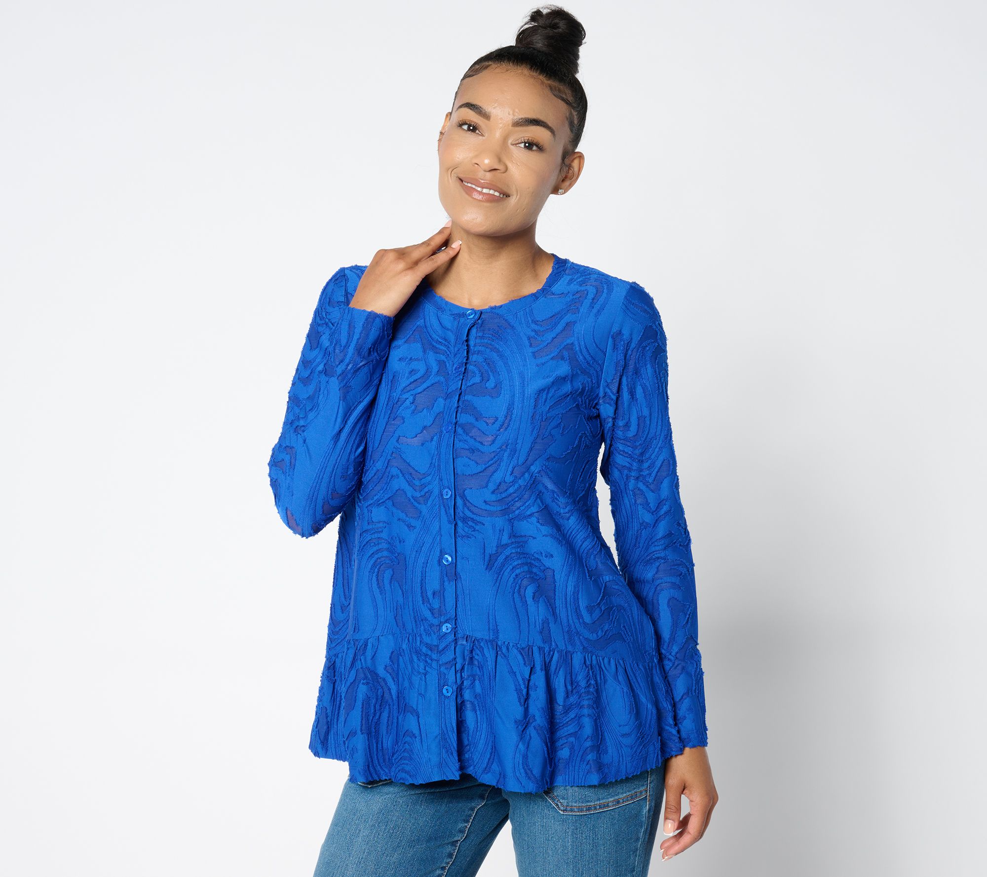 LOGO by Lori Goldstein Crew Neck Jacquard Cardigan