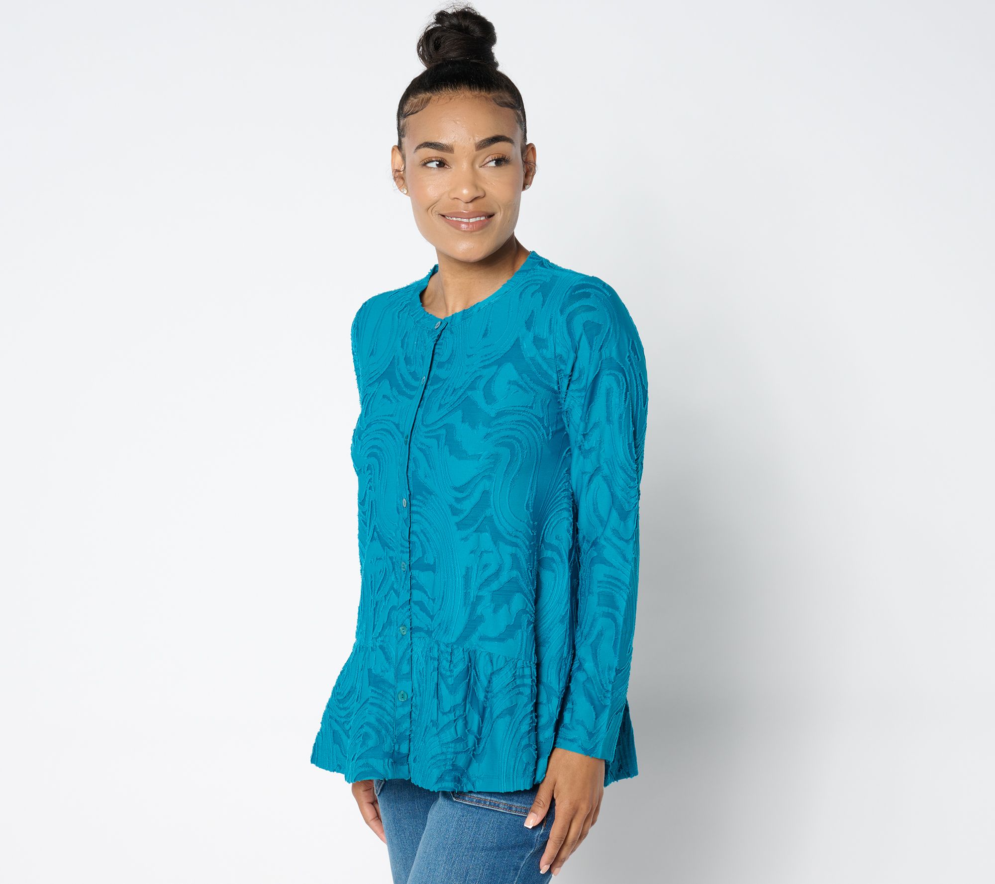 LOGO by Lori Goldstein Crew Neck Jacquard Cardigan