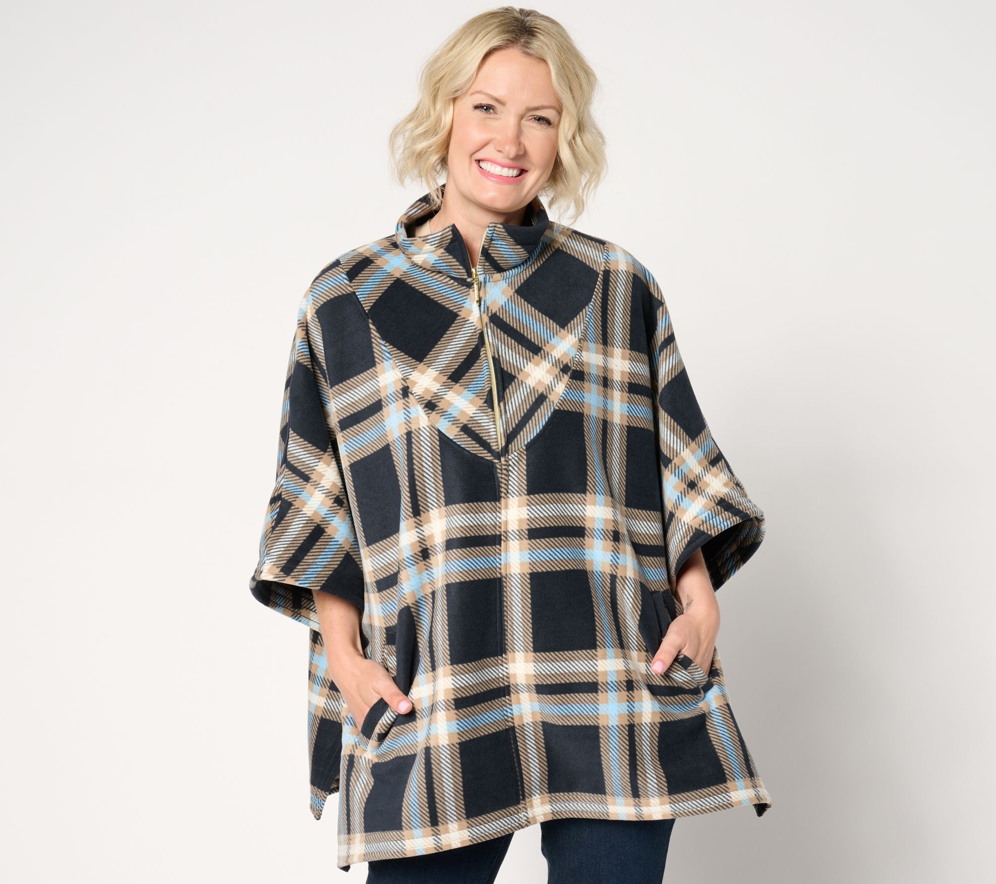 Weatherproof Quarter-Zip Plaid Fleece Poncho