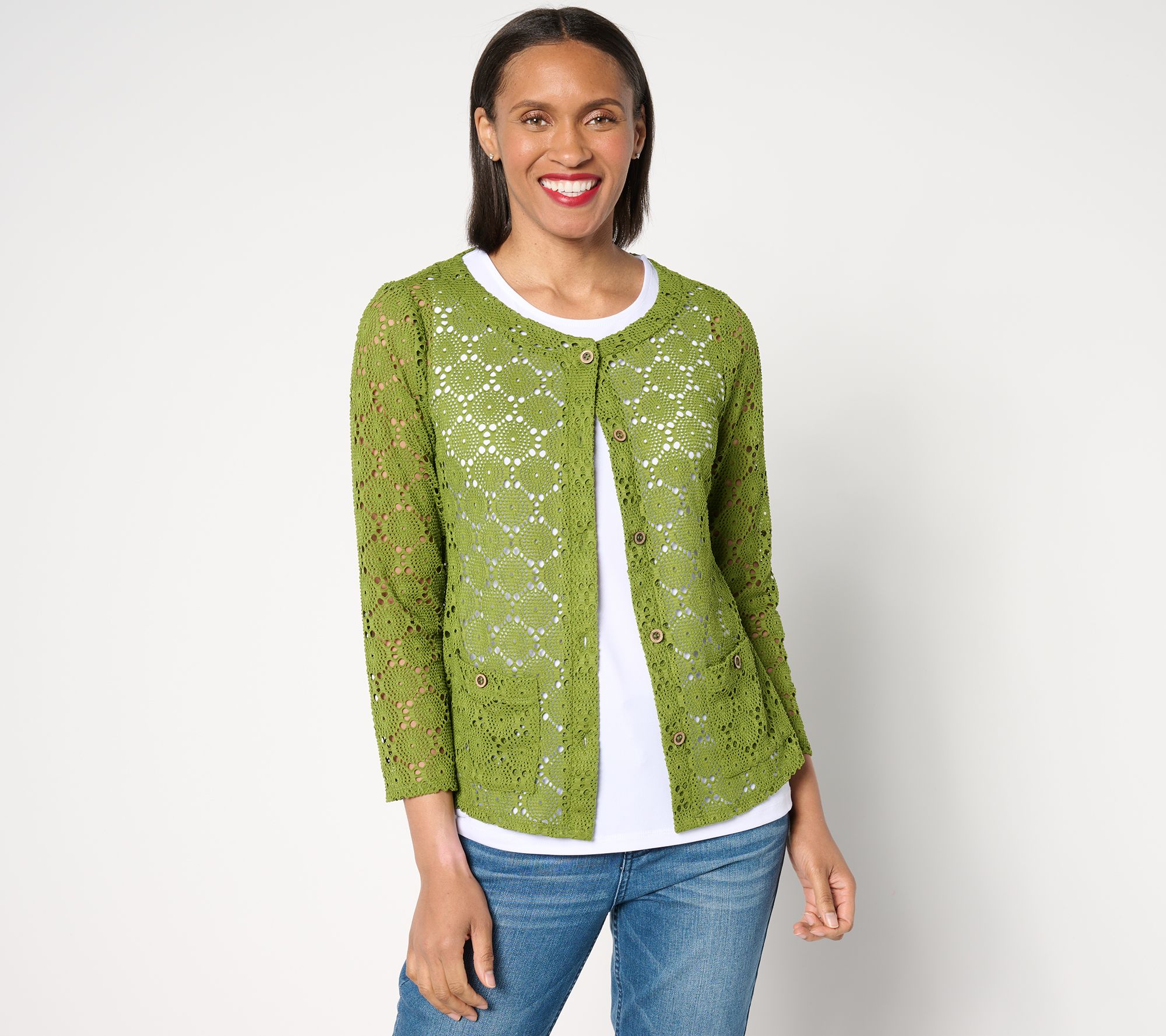 "As Is" Susan Graver Pointelle Knit Bracelet Sleeve Cardigan