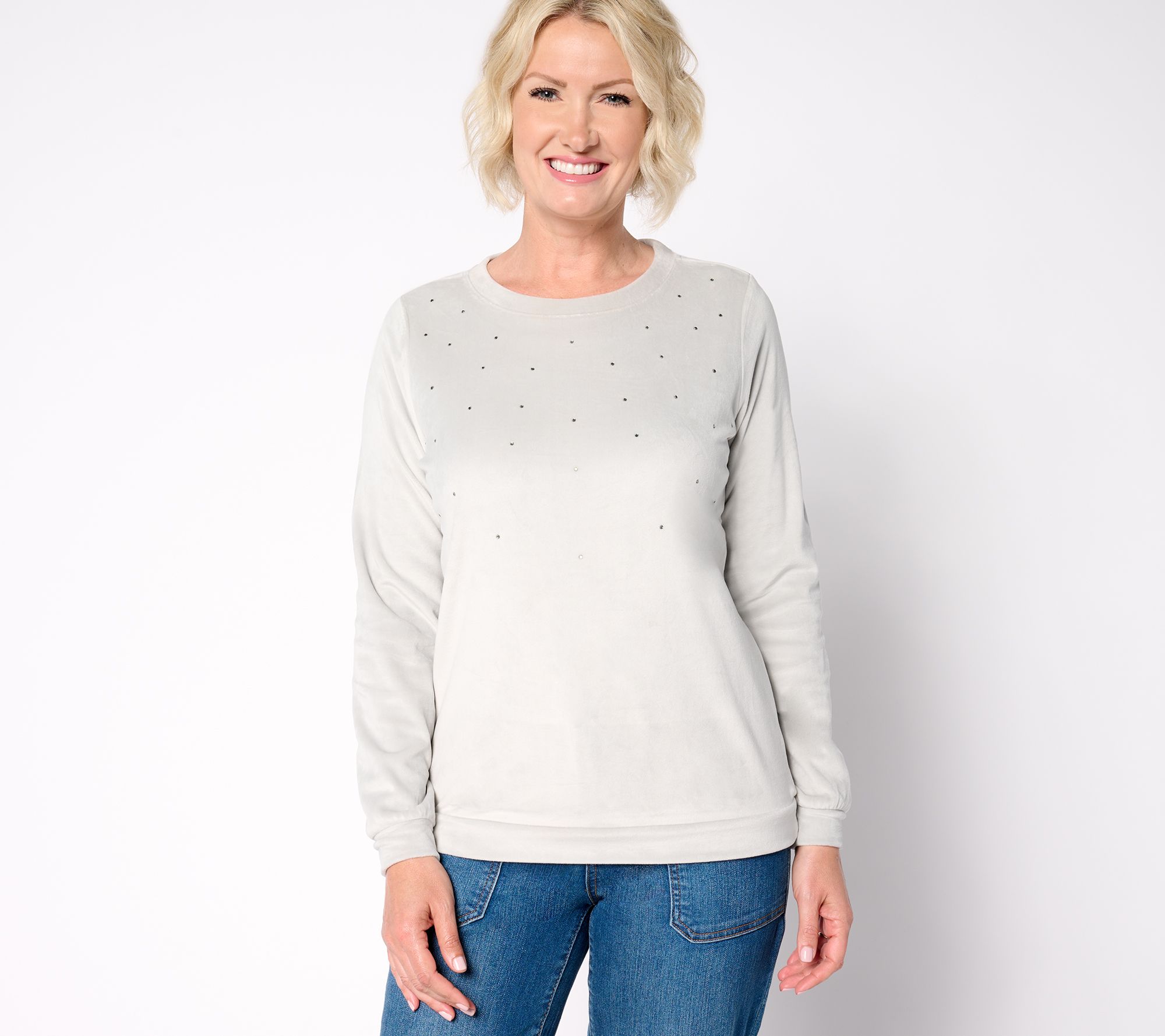 "As Is" AnyBody Round Neck Studded Velour Knit Pullover