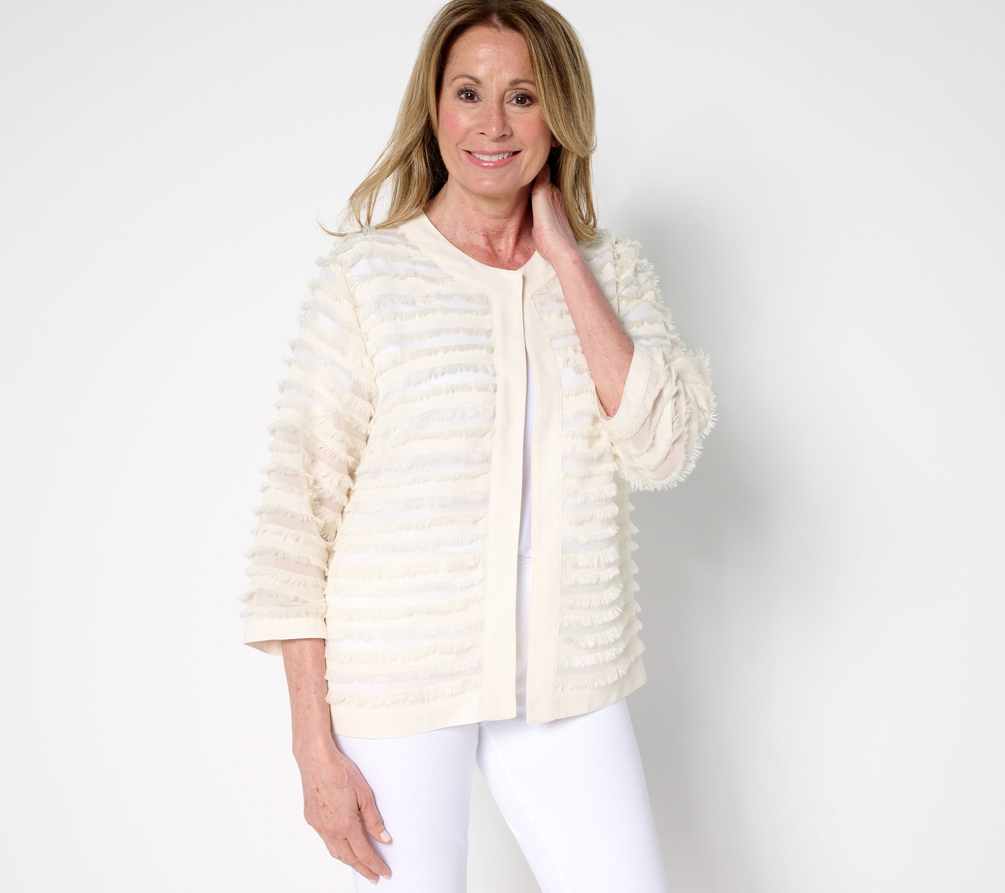 Susan Graver Eyelash Jacquard Woven 3/4-Sleeve Cardigan