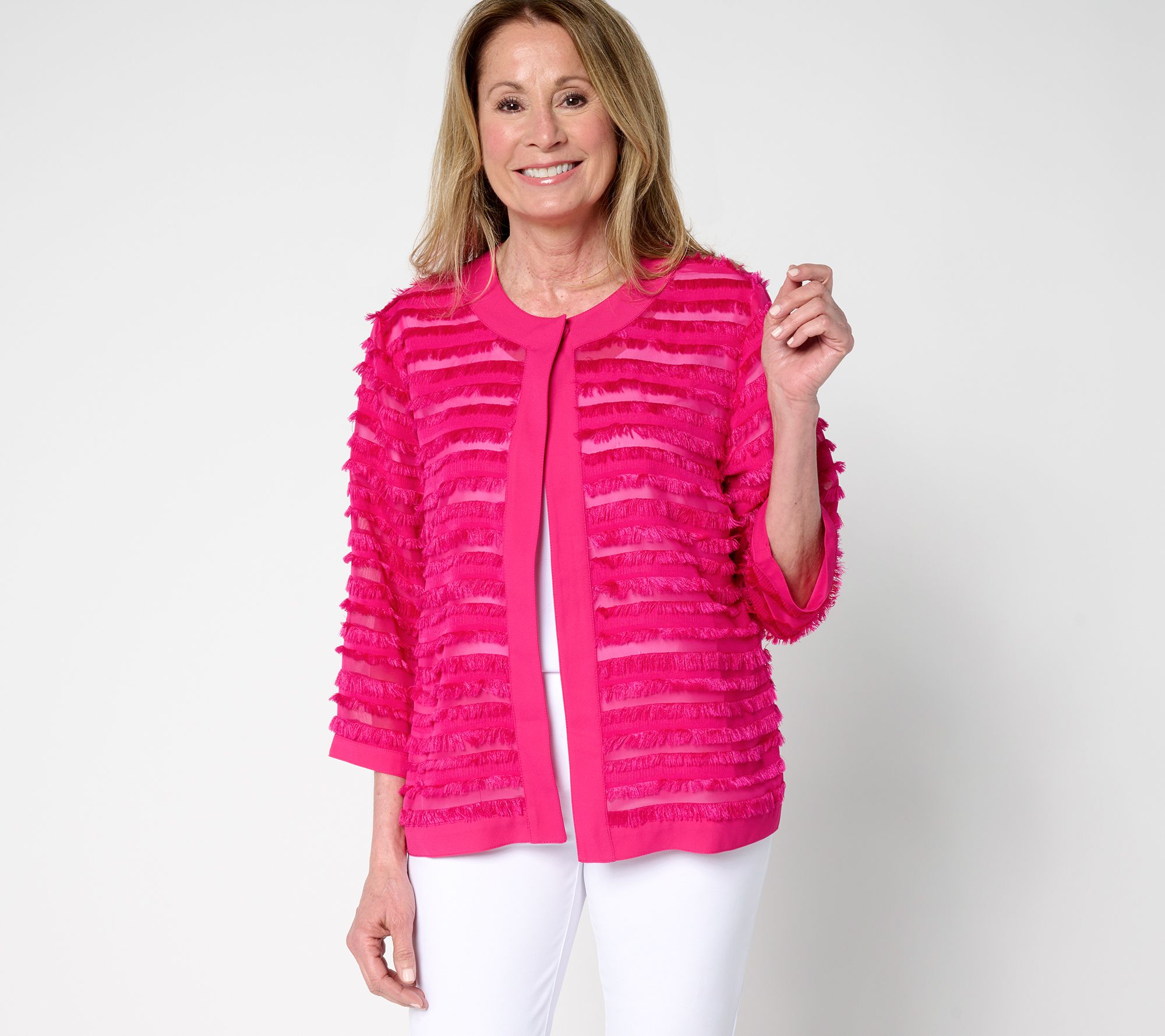 Susan Graver Eyelash Jacquard Woven 3/4-Sleeve Cardigan