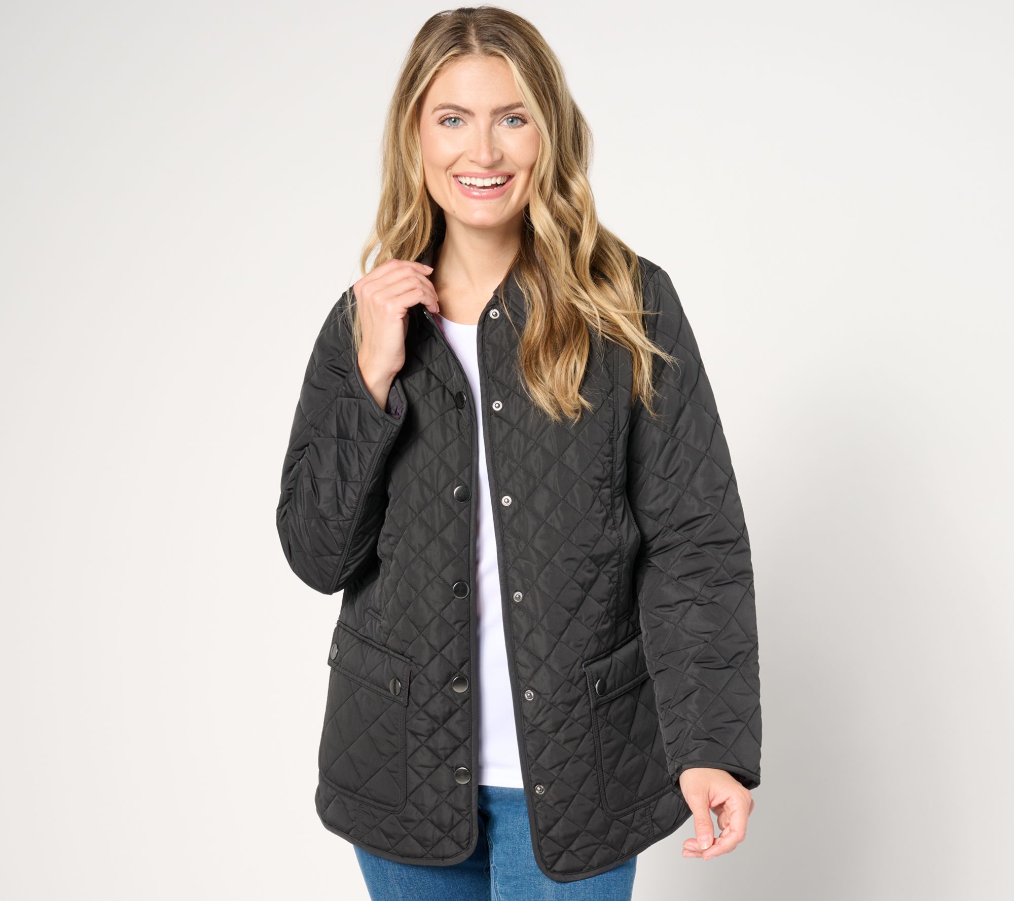 "As Is" Joan Rivers Quilted Barn Coat with Plaid Lining