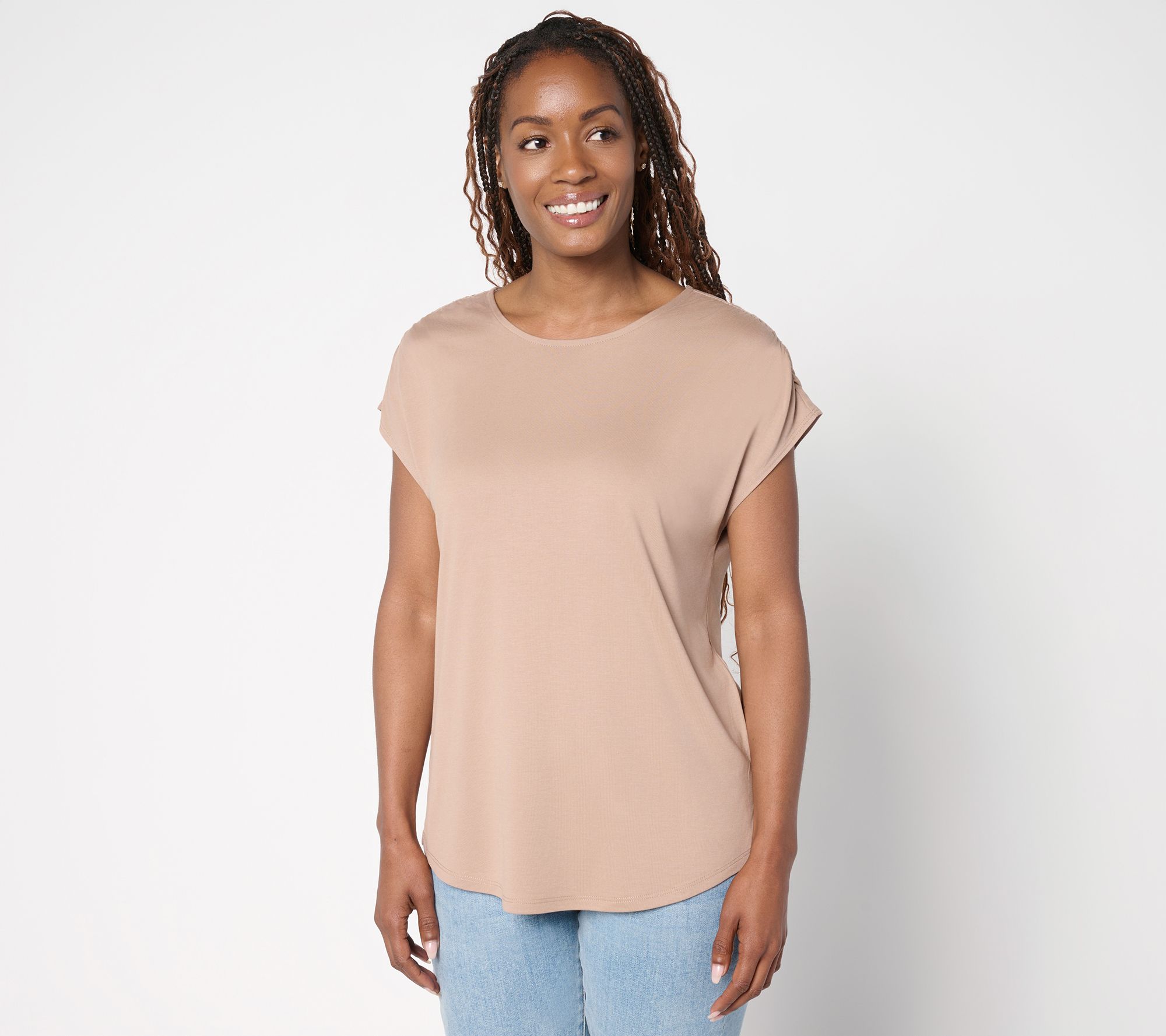 Belle by Kim Gravel Ruched Shoulder Peached Modal Blend Top
