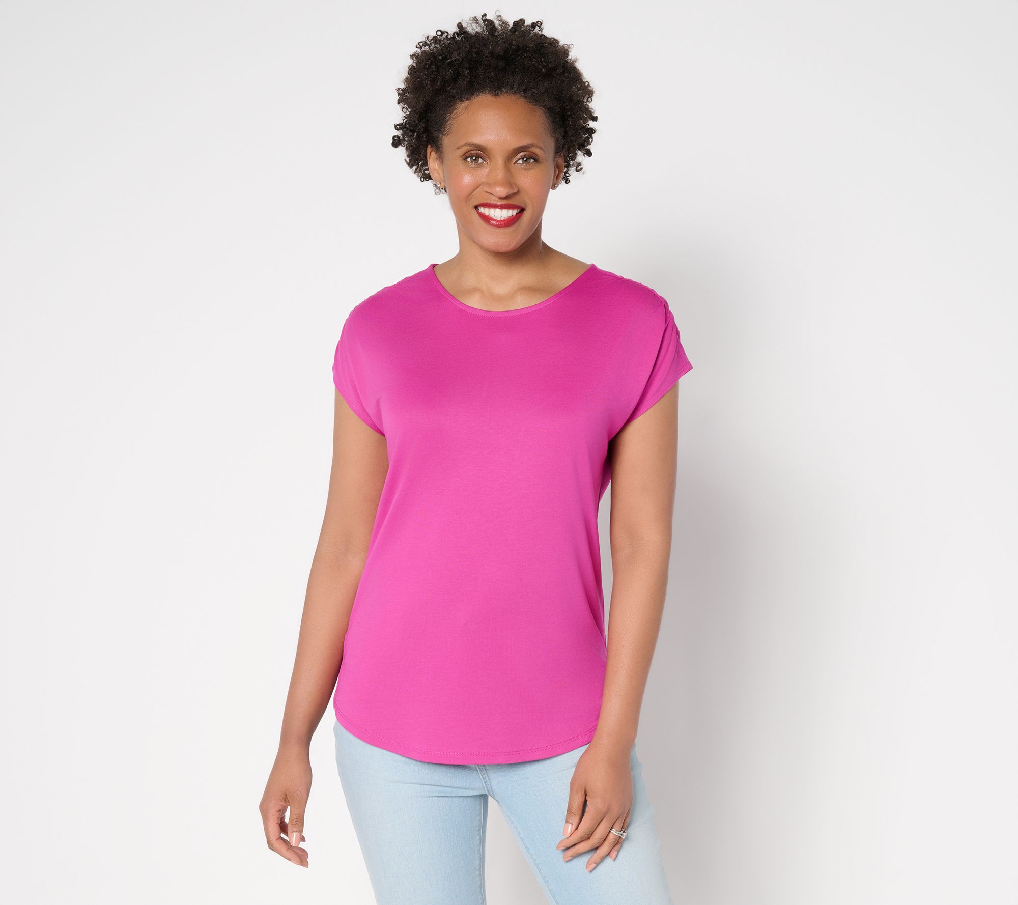 Belle by Kim Gravel Ruched Shoulder Peached Modal Blend Top