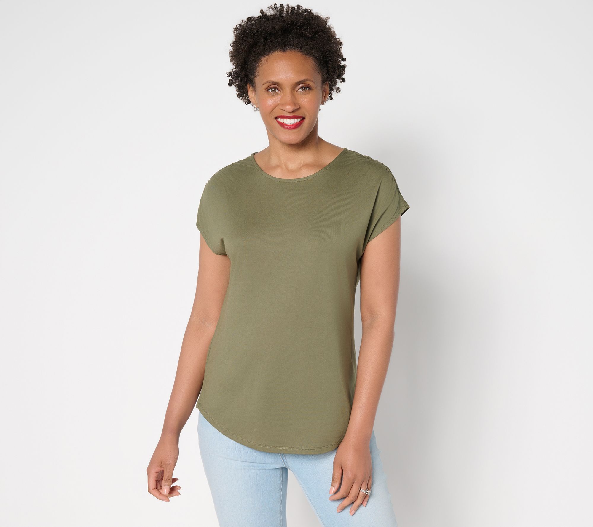 Belle by Kim Gravel Ruched Shoulder Peached Modal Blend Top