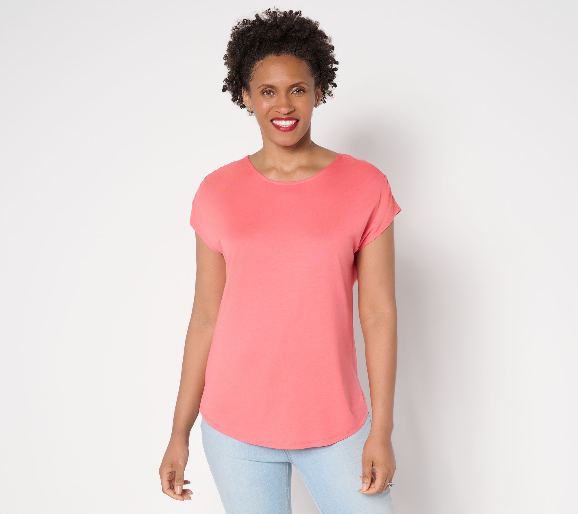 Belle by Kim Gravel Ruched Shoulder Peached Modal Blend Top