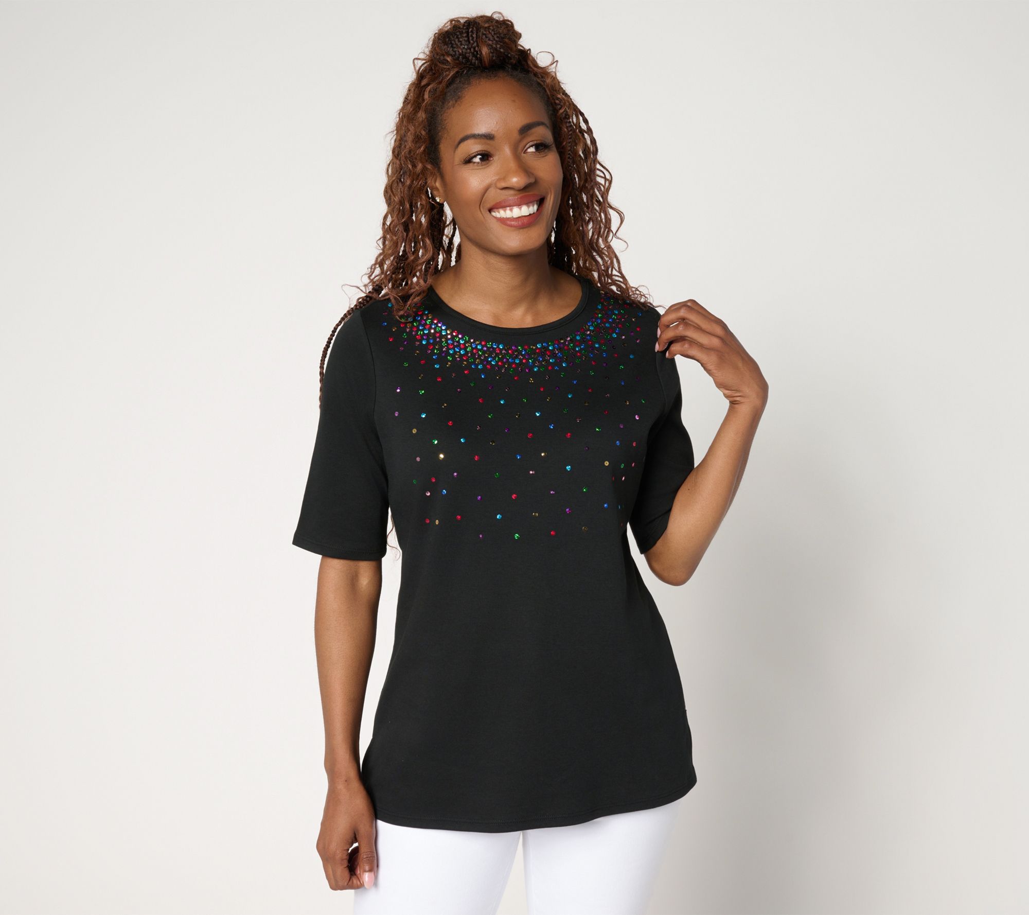 Quacker Factory Color Pop Sequin Elbow Sleeve Top