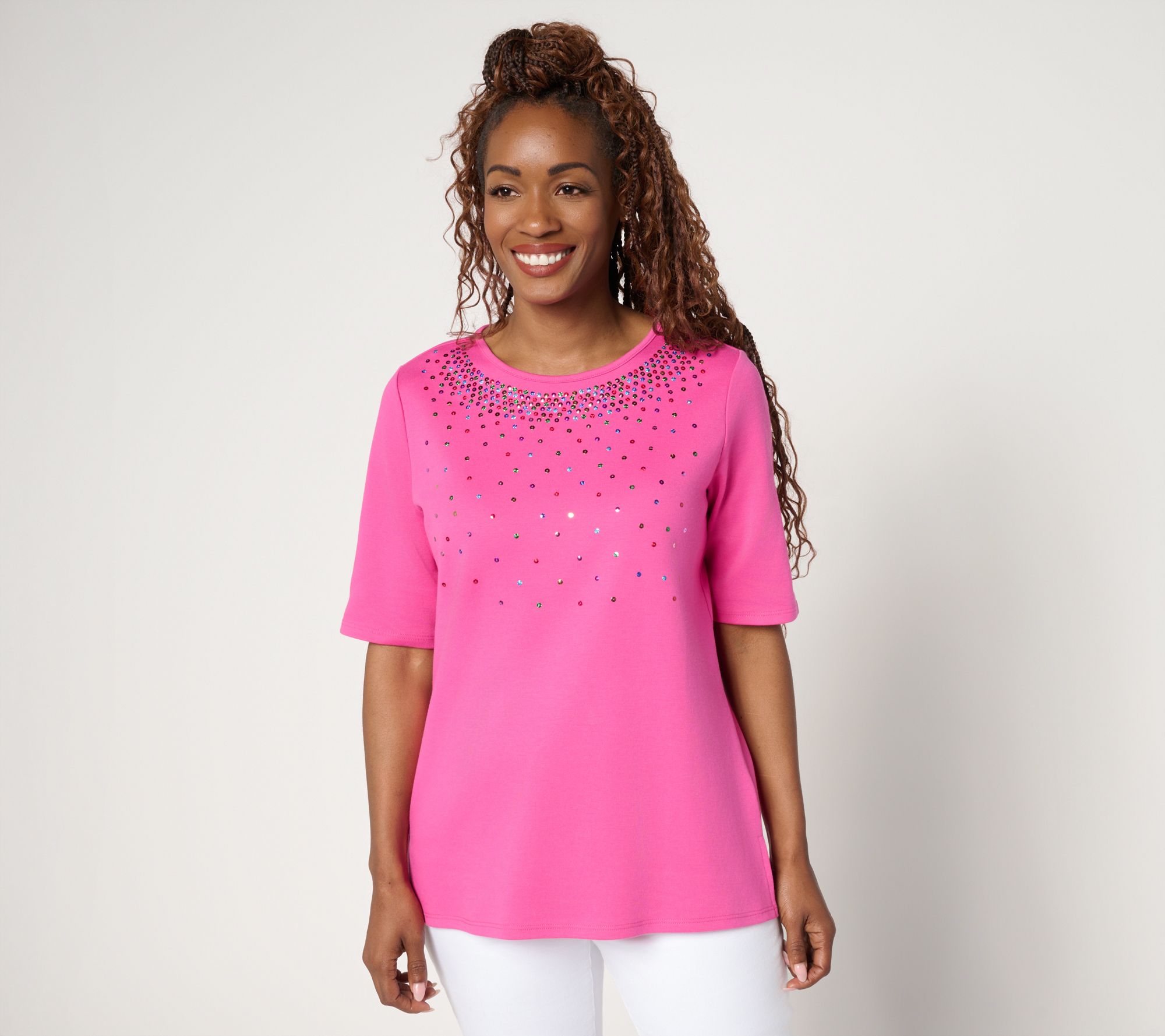 Quacker Factory Color Pop Sequin Elbow Sleeve Top