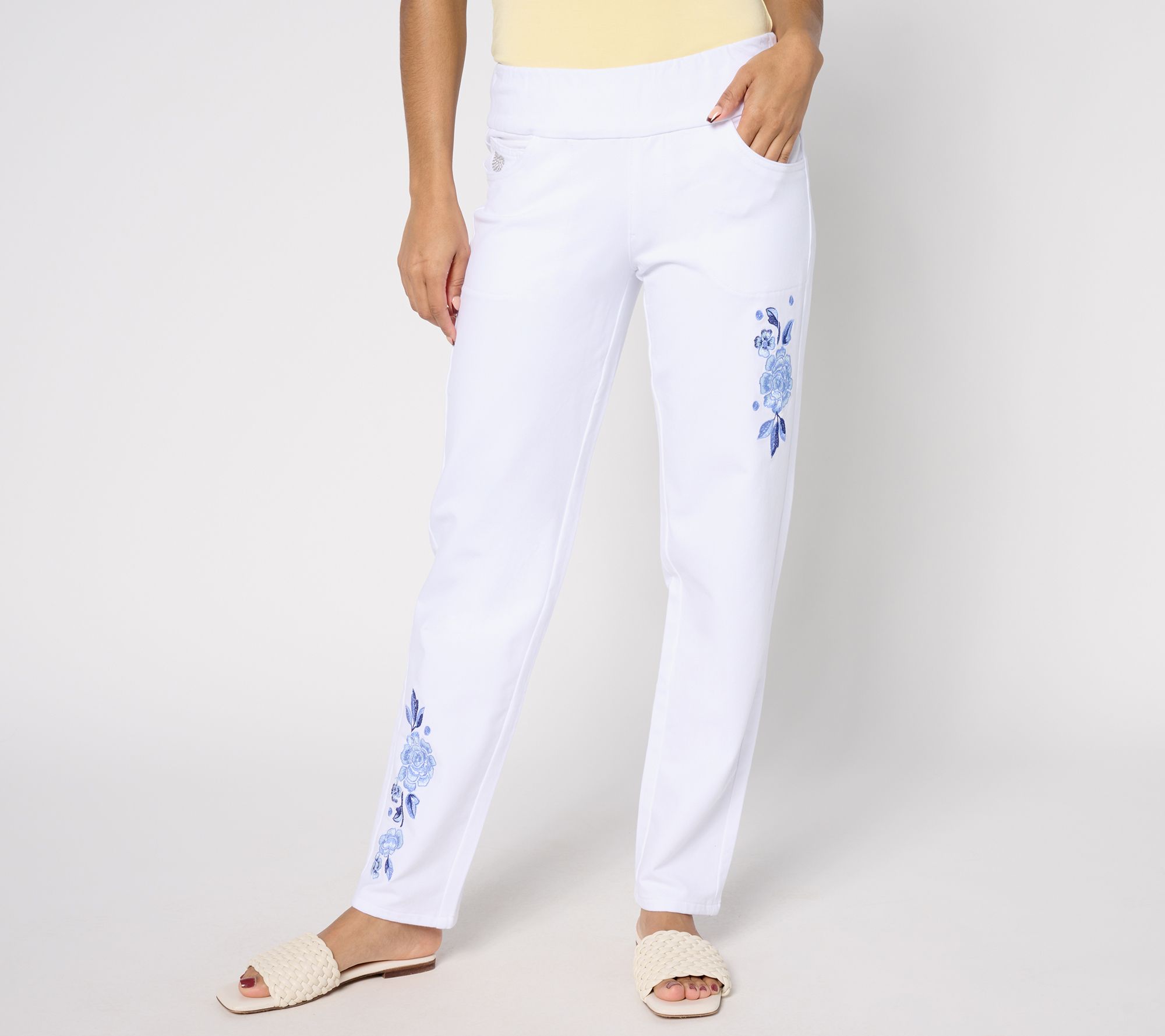 "As Is" Quacker Factory DreamJeannes Reg Flat Waist Floral Jean