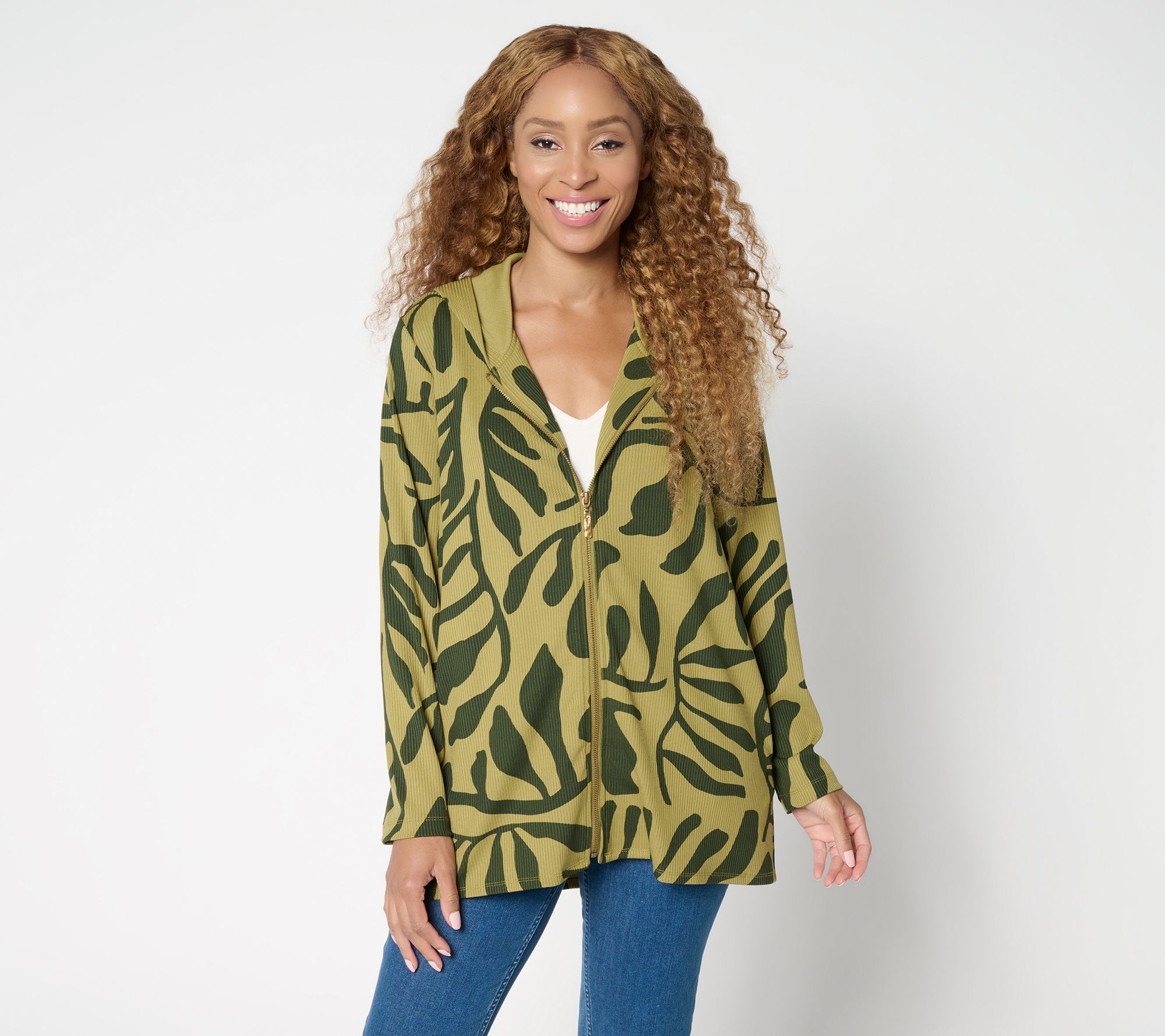Susan Graver Weekend Regular Printed Zip Front Textured Knit Hoodie