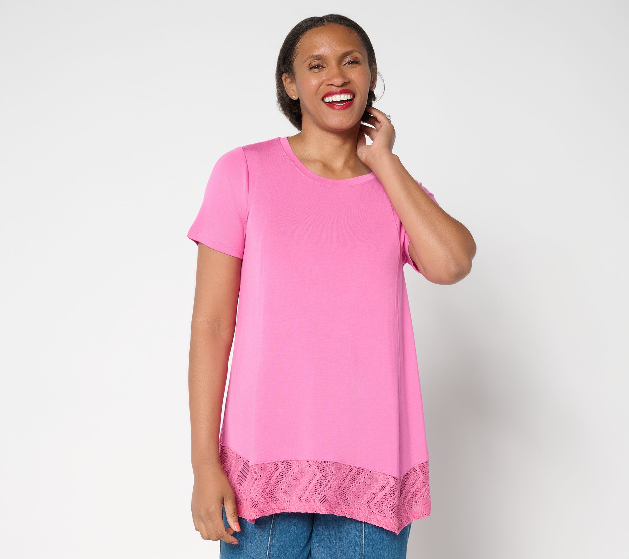 LOGO Layers by Lori Goldstein Regular Short Sleeve Tee with Lace Trim