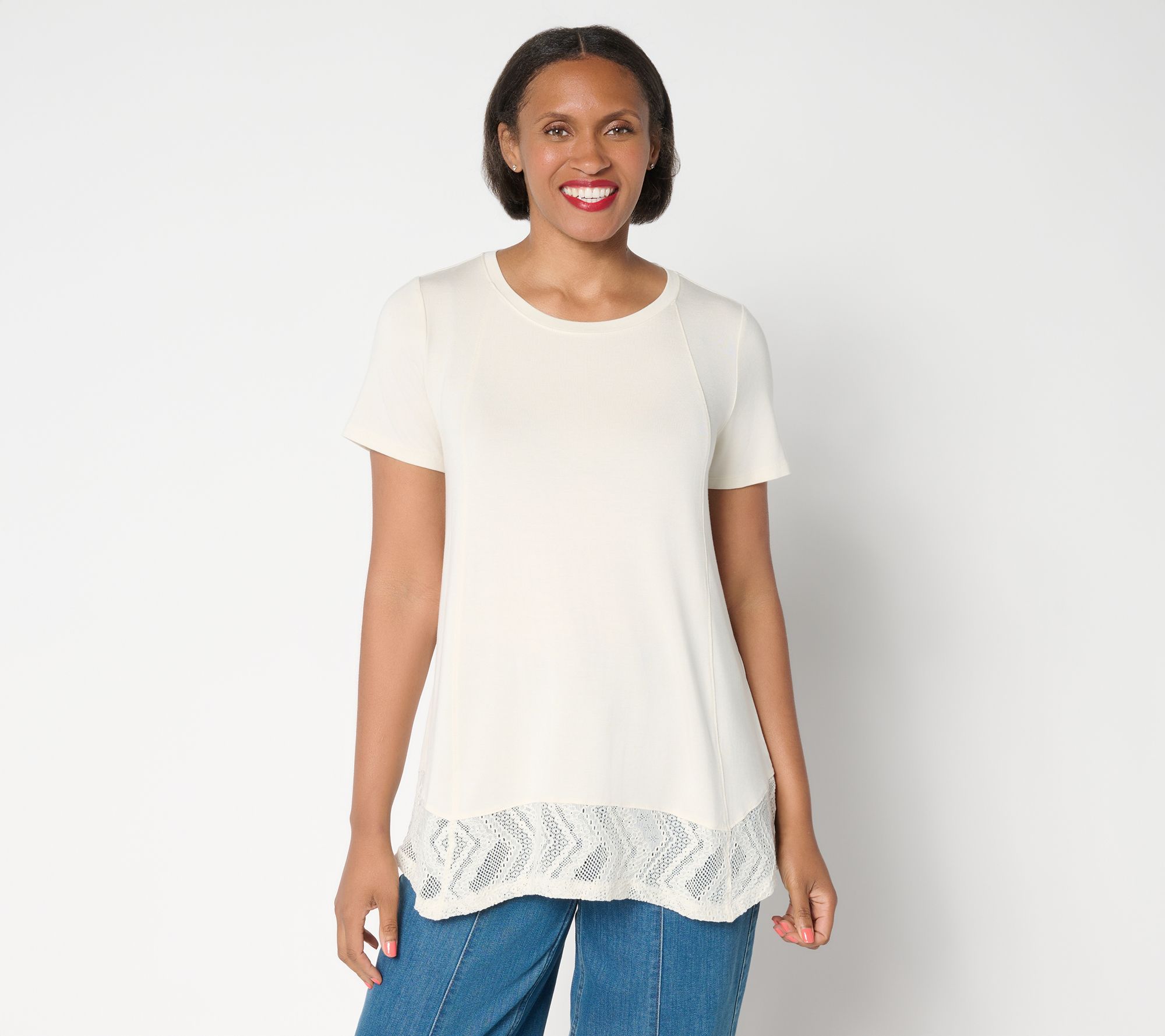 LOGO Layers by Lori Goldstein Regular Short Sleeve Tee with Lace Trim