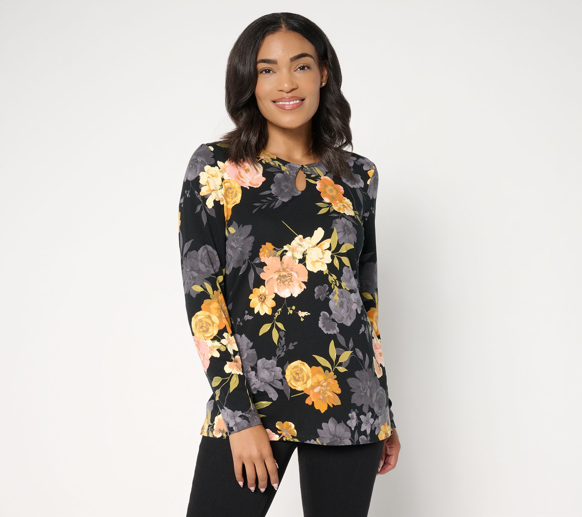 Denim & Co. Printed So Soft Jersey Keyhole Top