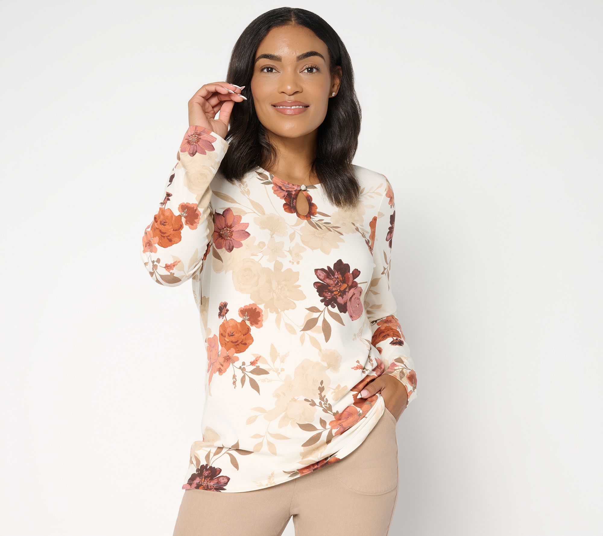 Denim & Co. Printed So Soft Jersey Keyhole Top