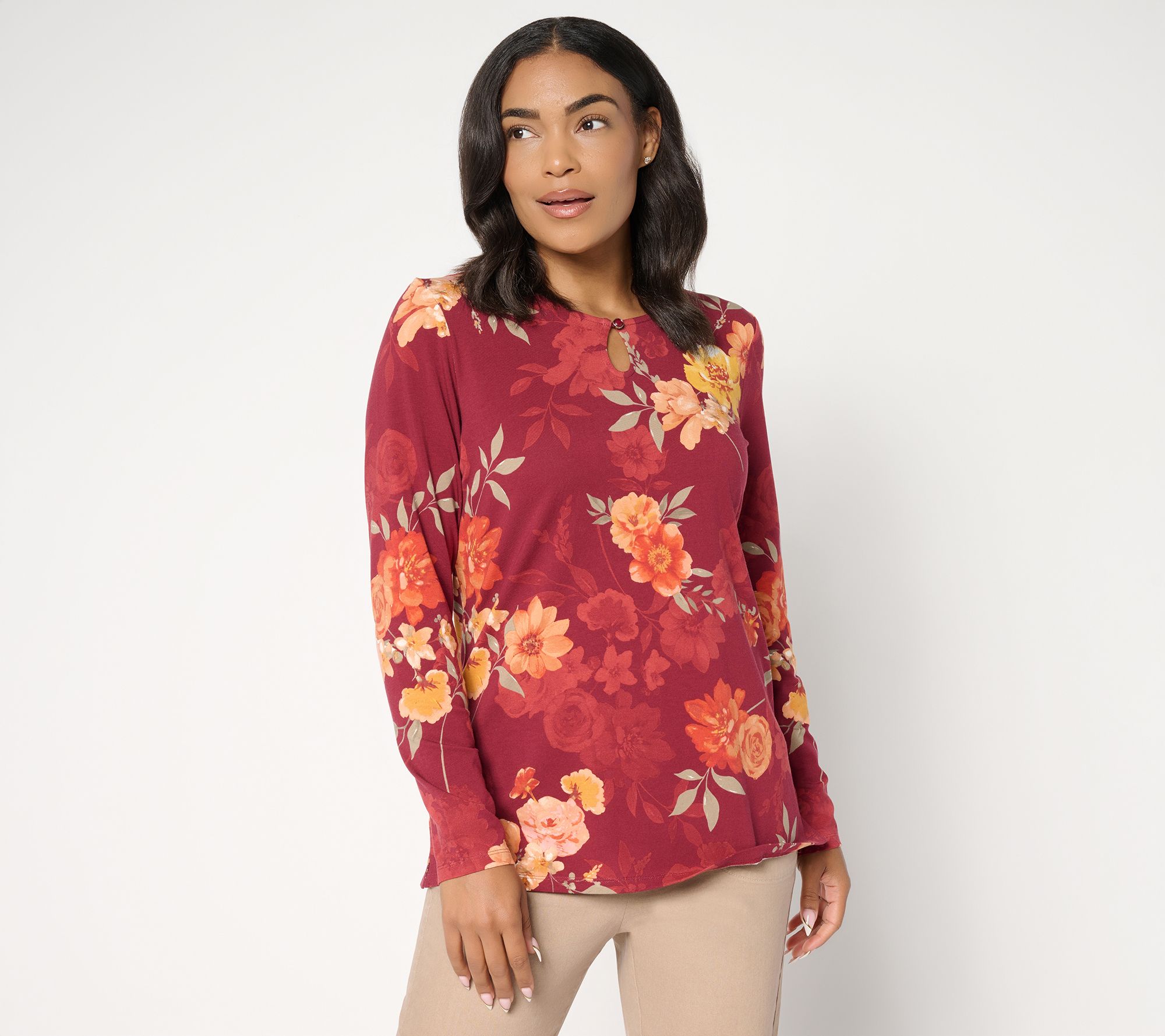 Denim & Co. Printed So Soft Jersey Keyhole Top