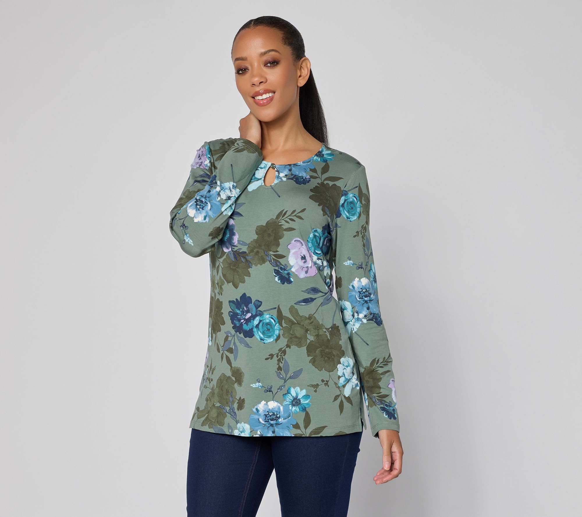 Denim & Co. Printed So Soft Jersey Keyhole Top
