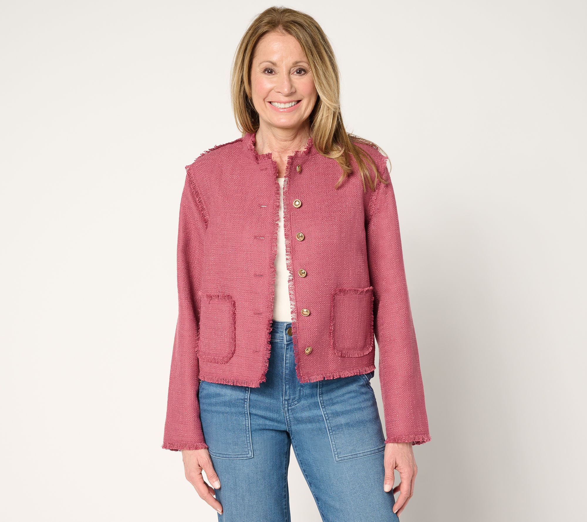 "As Is" LOGO by Lori Goldstein Button Front Jacket w/ Fray