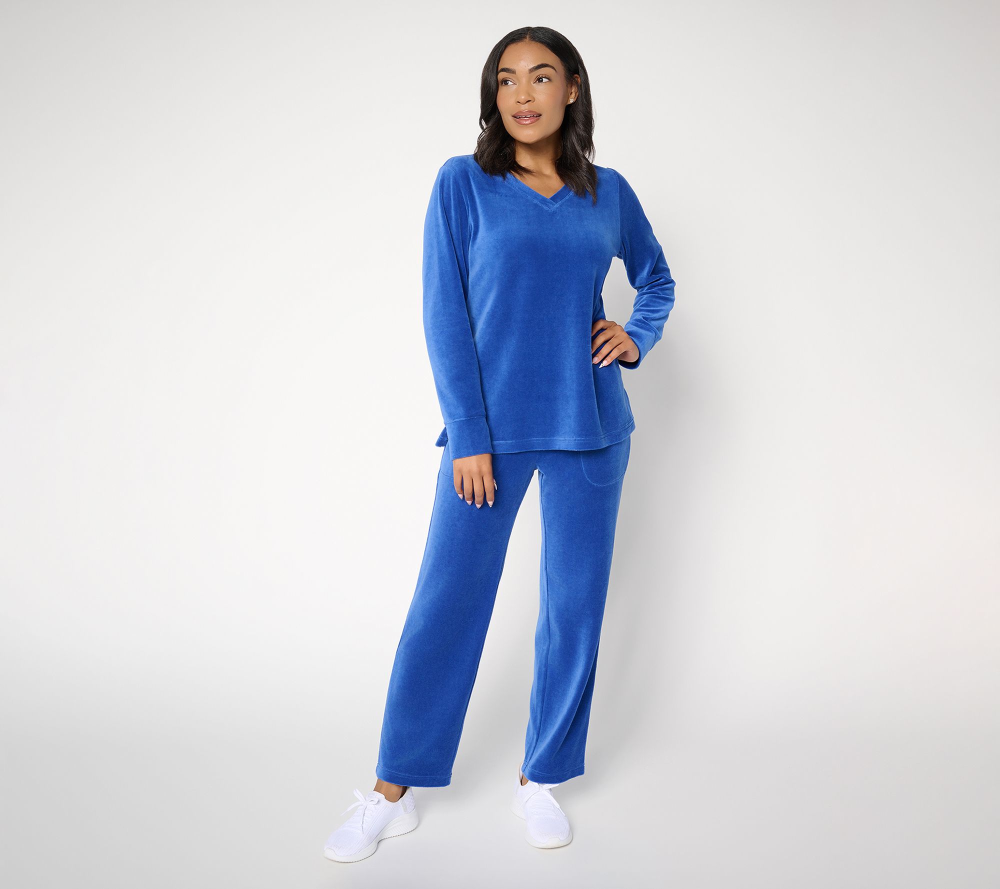 Denim & Co. Active Petite Velour Top & Straight Leg Pants Set