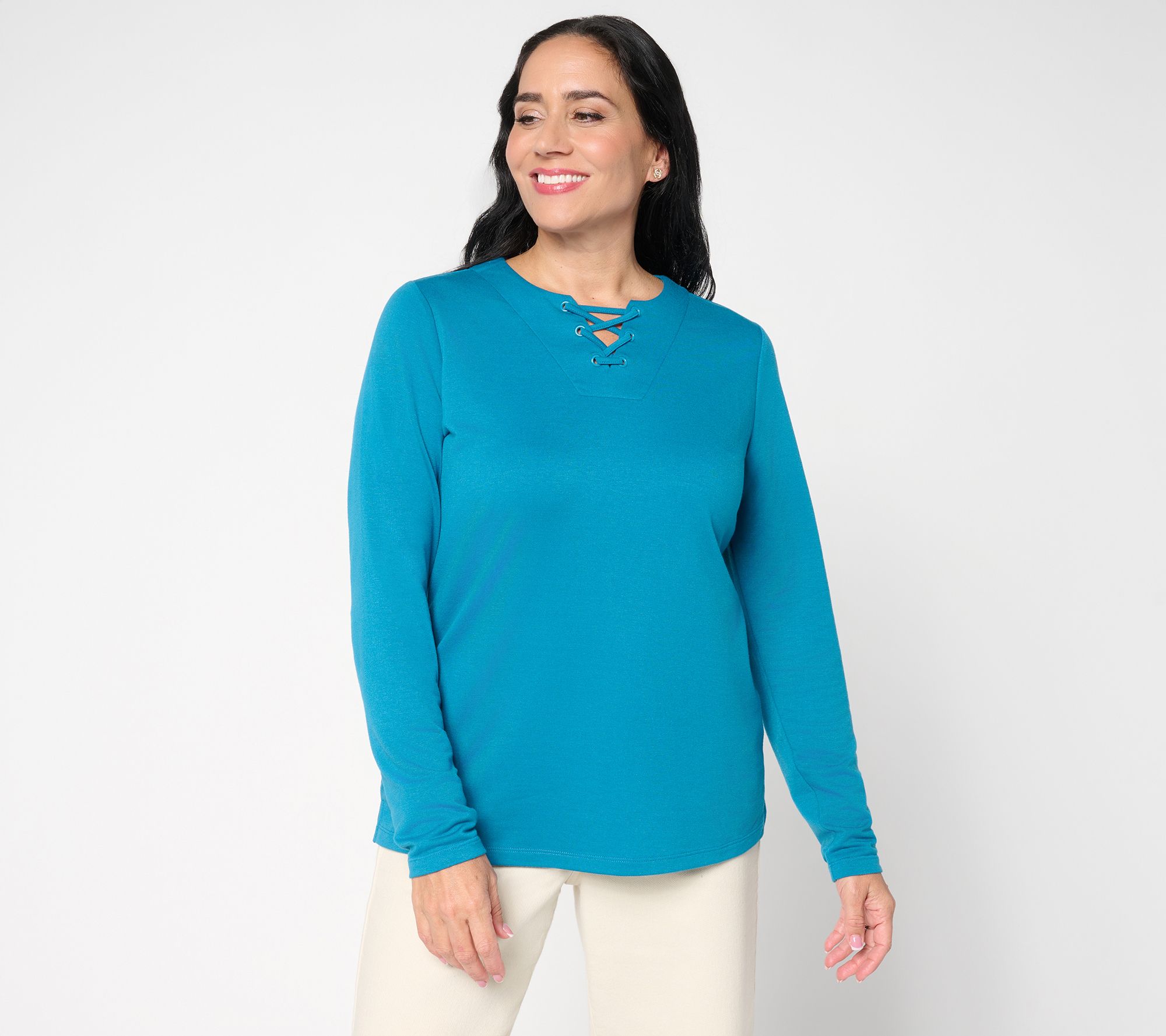 Denim & Co. Lace-up Split Neck Long Sleeve Top