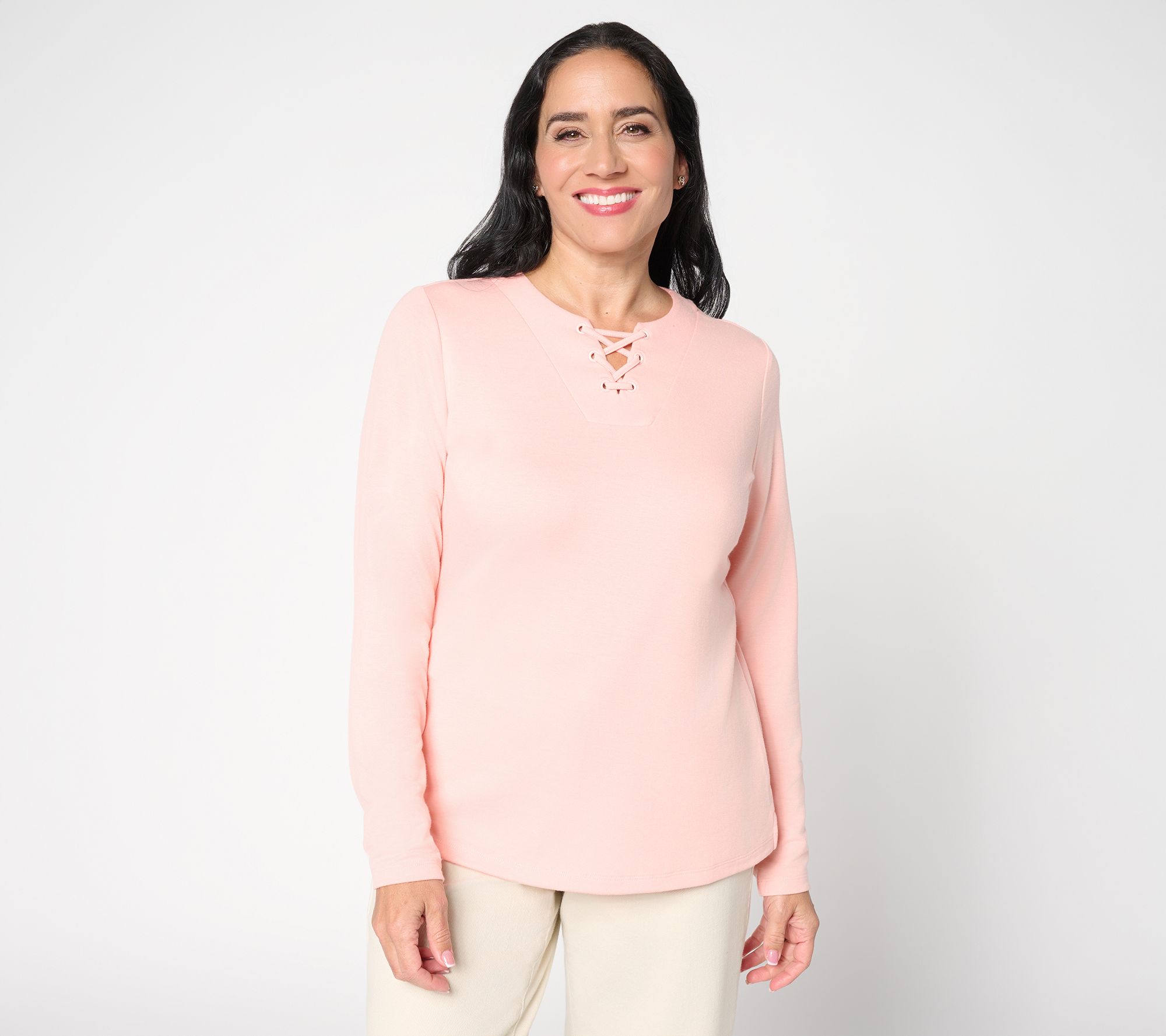 Denim & Co. Lace-up Split Neck Long Sleeve Top