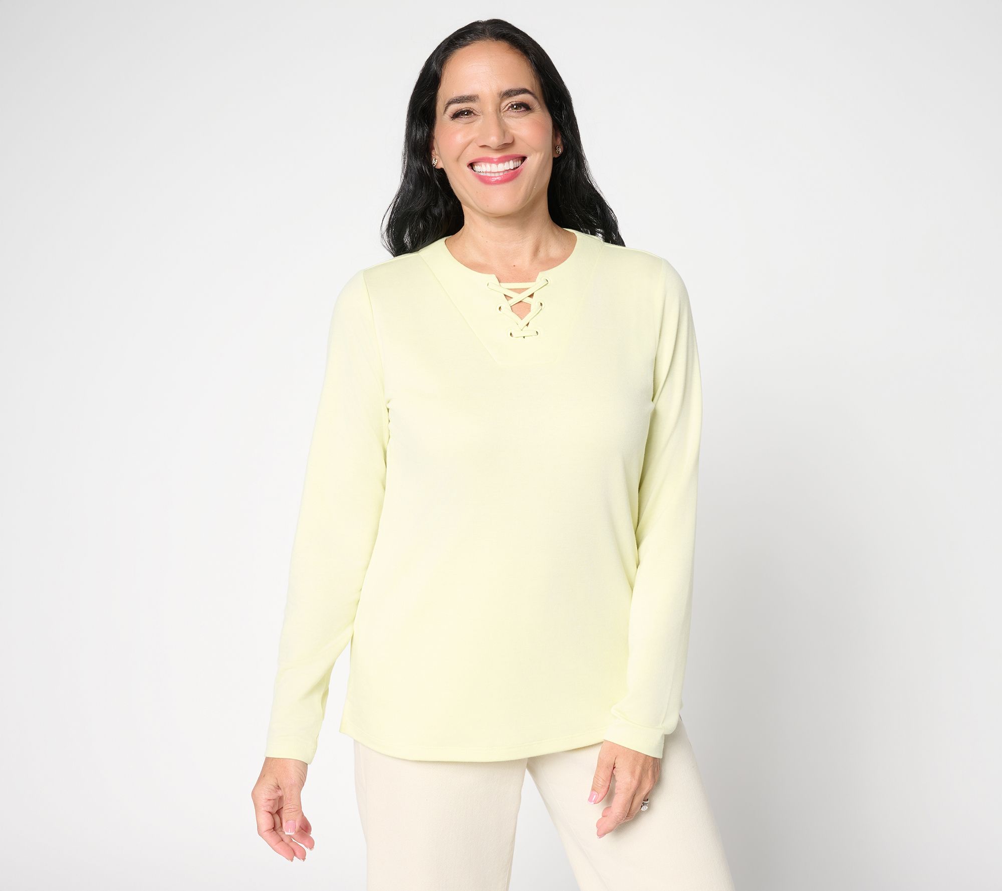 Denim & Co. Lace-up Split Neck Long Sleeve Top