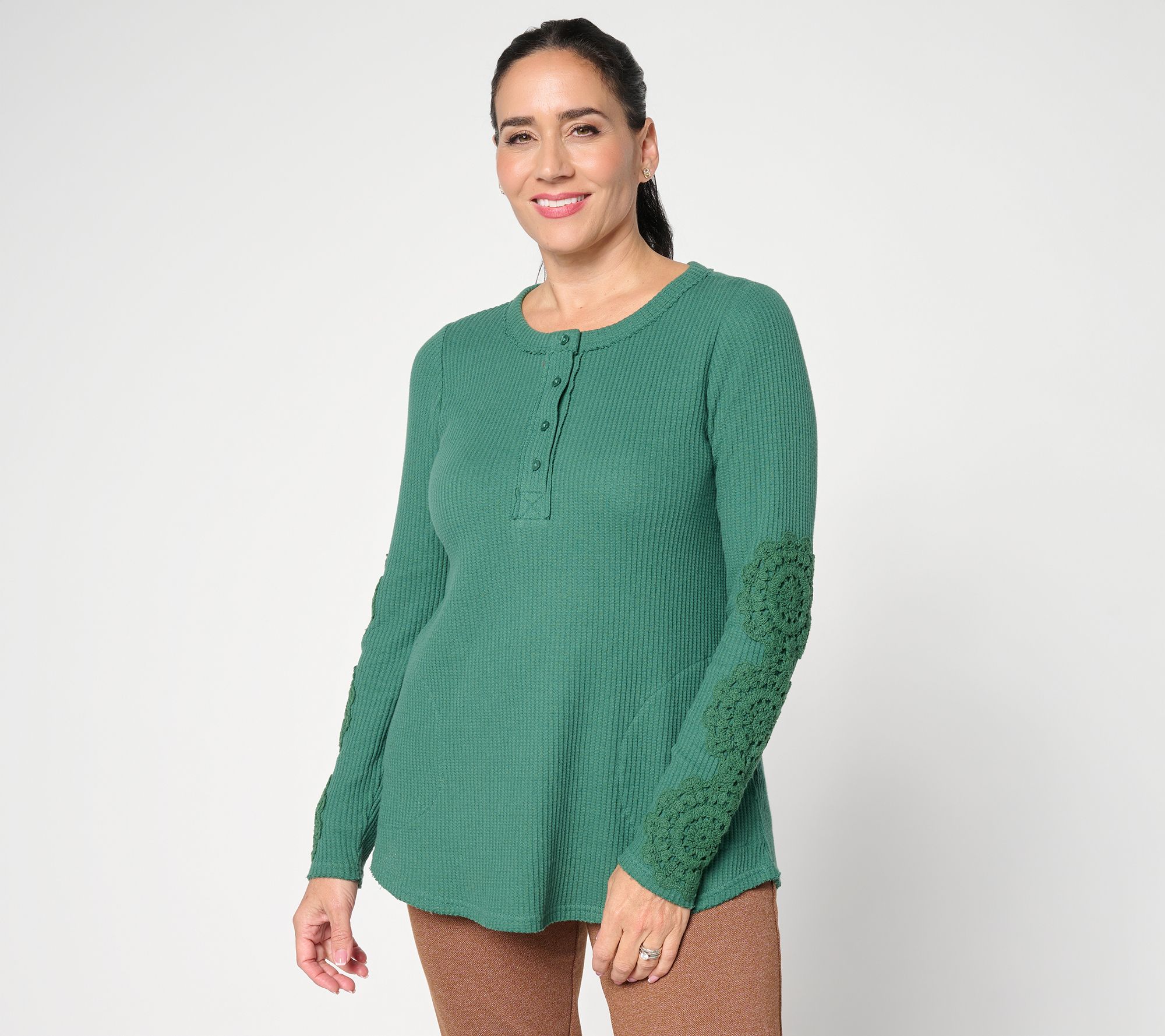 LOGO by Lori Goldstein Lace Applique Long Sleeve Waffle Top