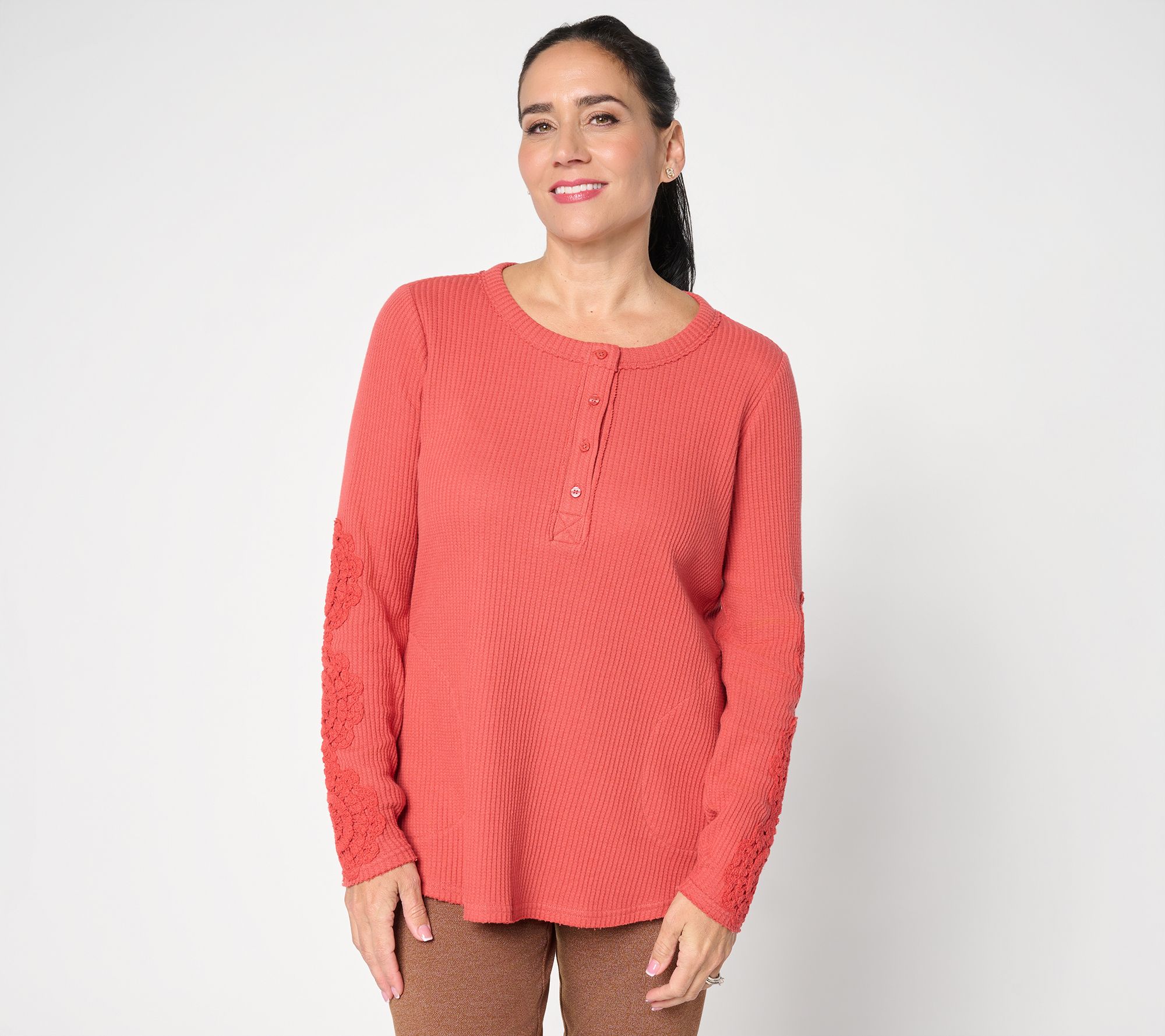 LOGO by Lori Goldstein Lace Applique Long Sleeve Waffle Top