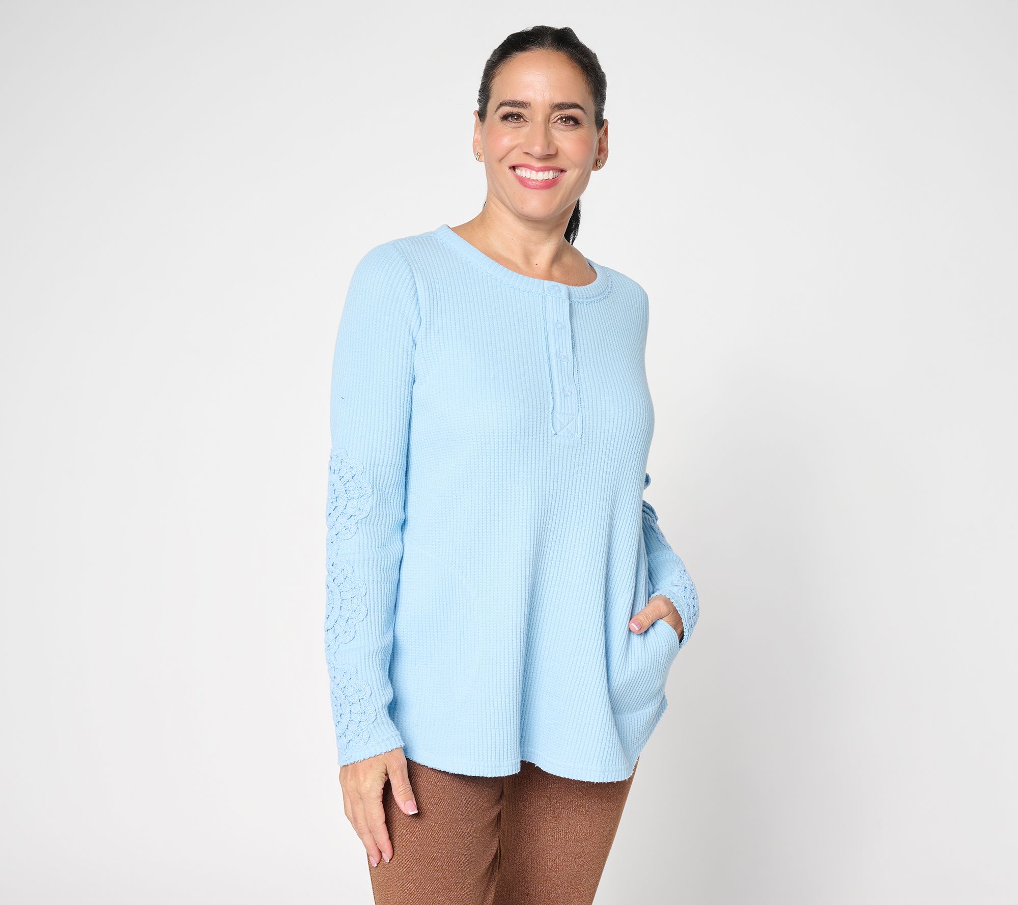 LOGO by Lori Goldstein Lace Applique Long Sleeve Waffle Top