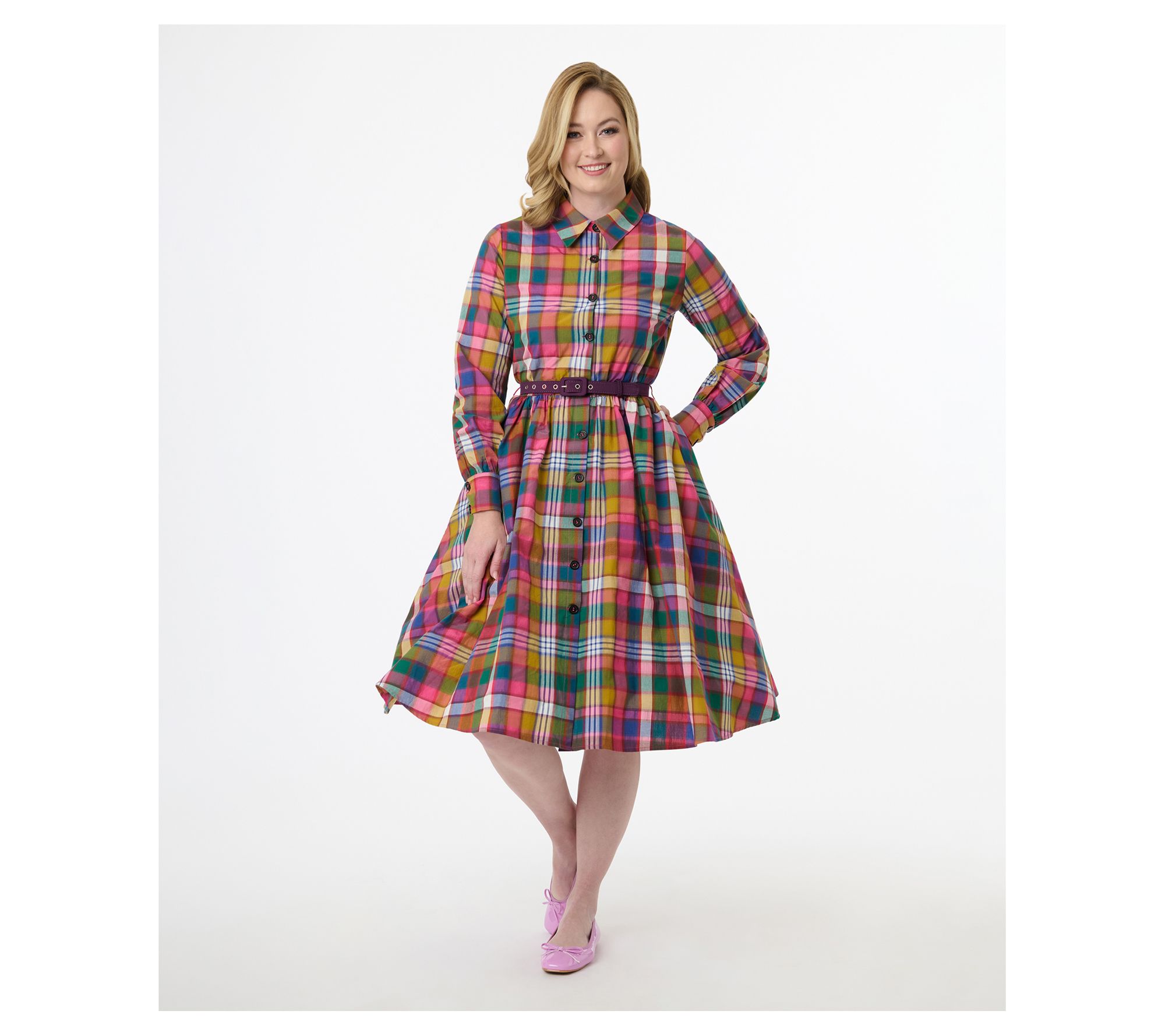 Unique Vintage Rainbow Madras Plaid Belted Cotton Shirt Dress