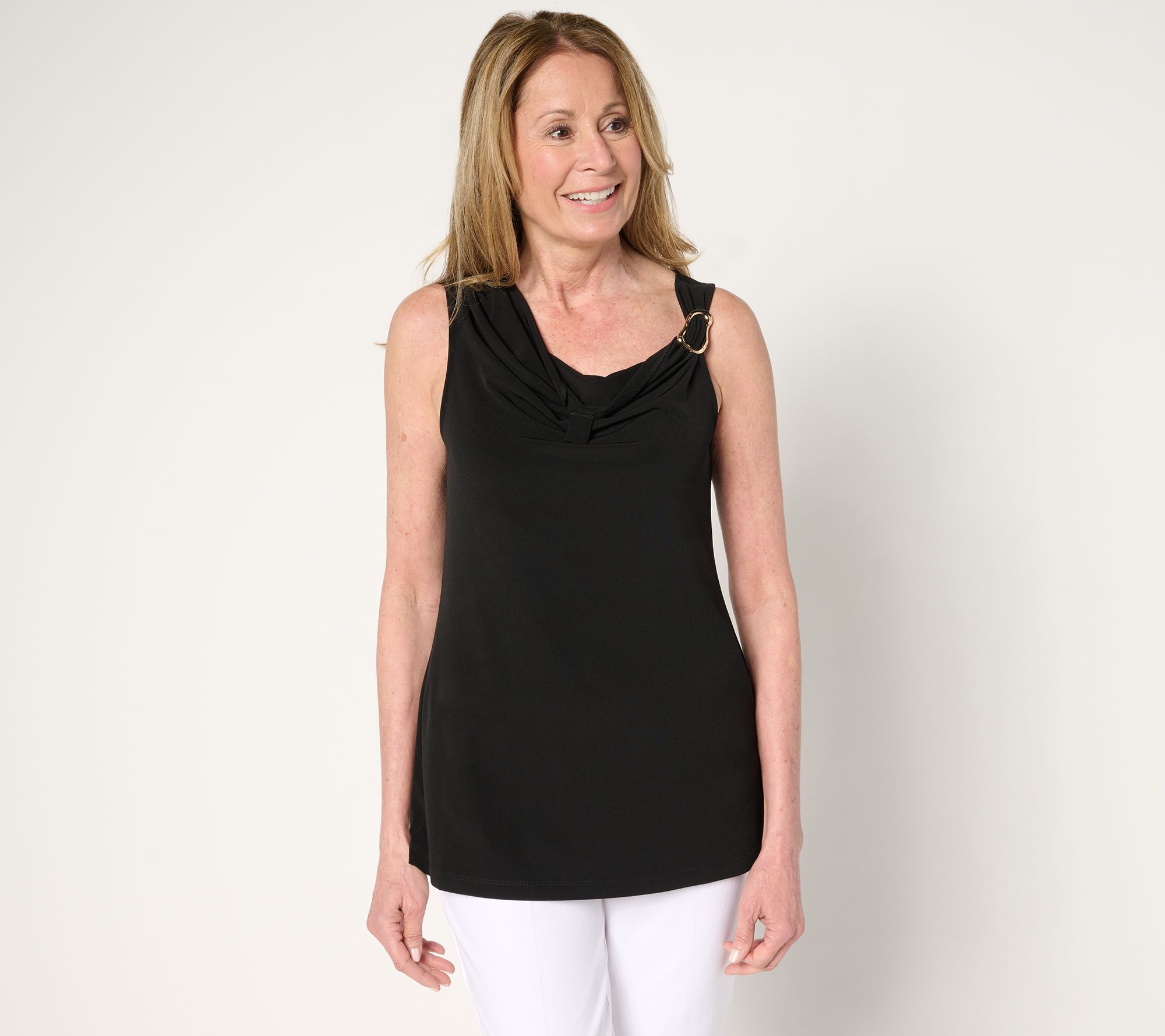 "As Is" Susan Graver Liquid Knit Cowl Neck Sleeveless Top with Hardware