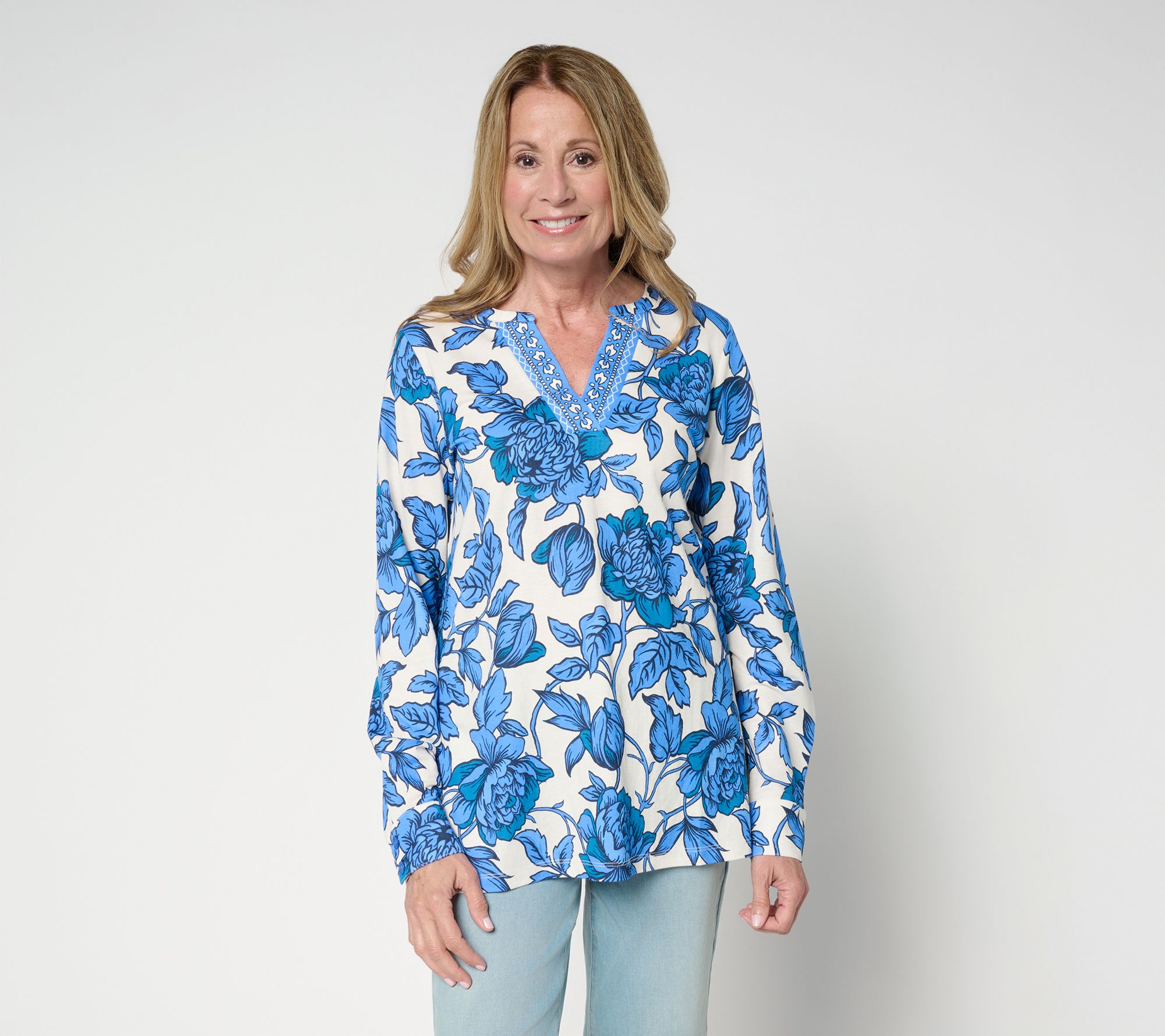"As Is" Belle by Kim Gravel Reg Cabana Knit Floral Serenity Tunic Top
