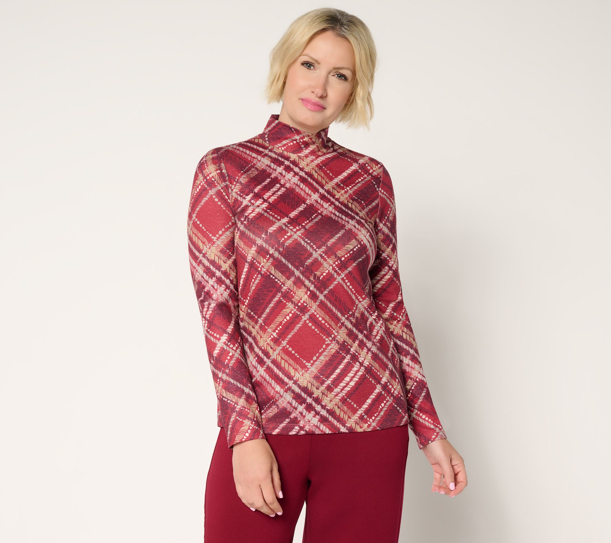 "As Is" Susan Graver Printed Metallic Knit Mock Neck Top