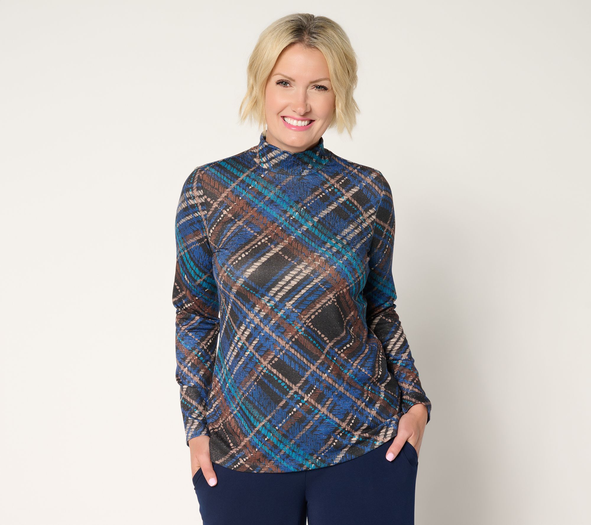 "As Is" Susan Graver Printed Metallic Knit Mock Neck Top