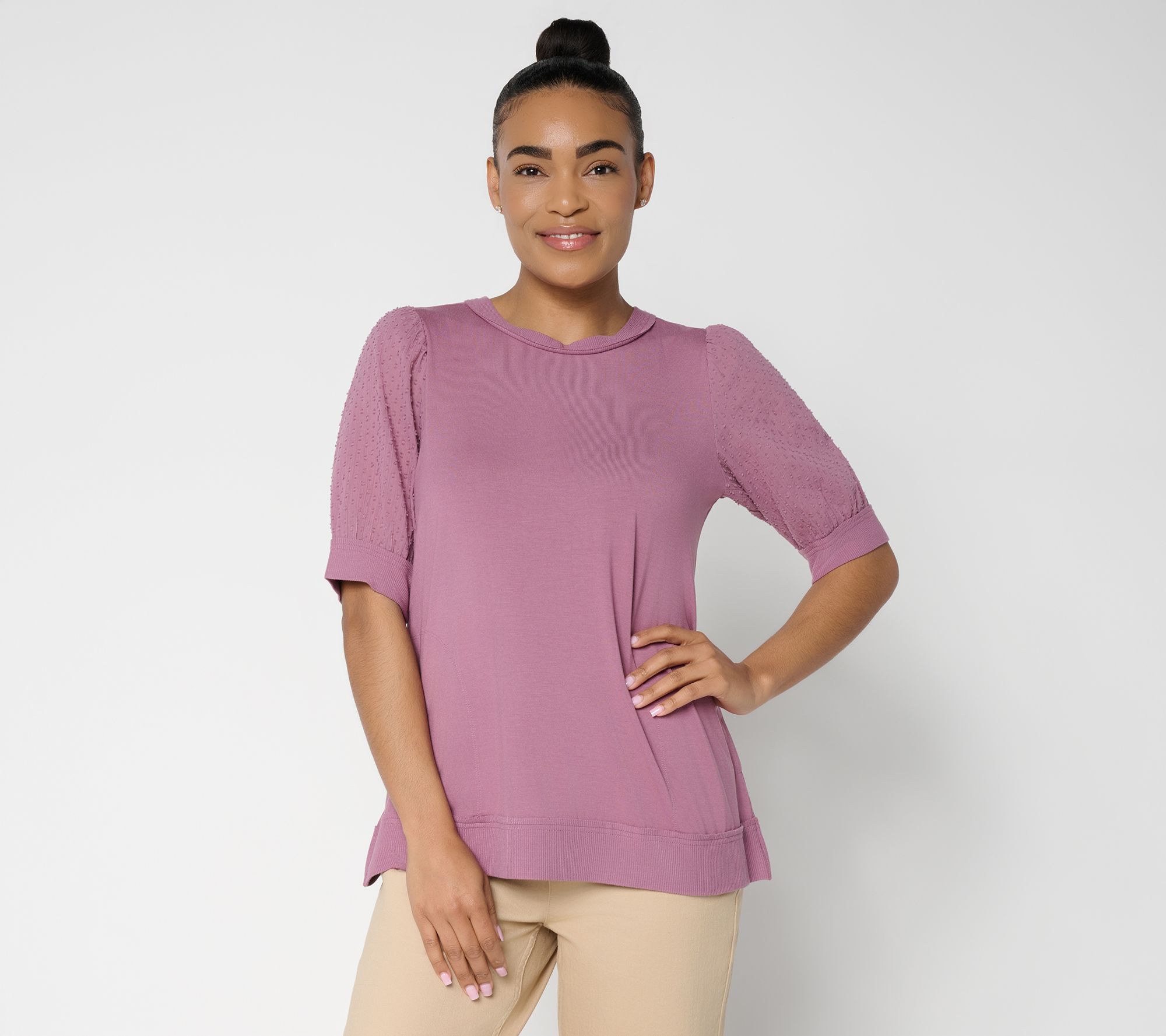 LOGO by Lori Goldstein Rayon 230 Elbow Sleeve Mixed Media Top