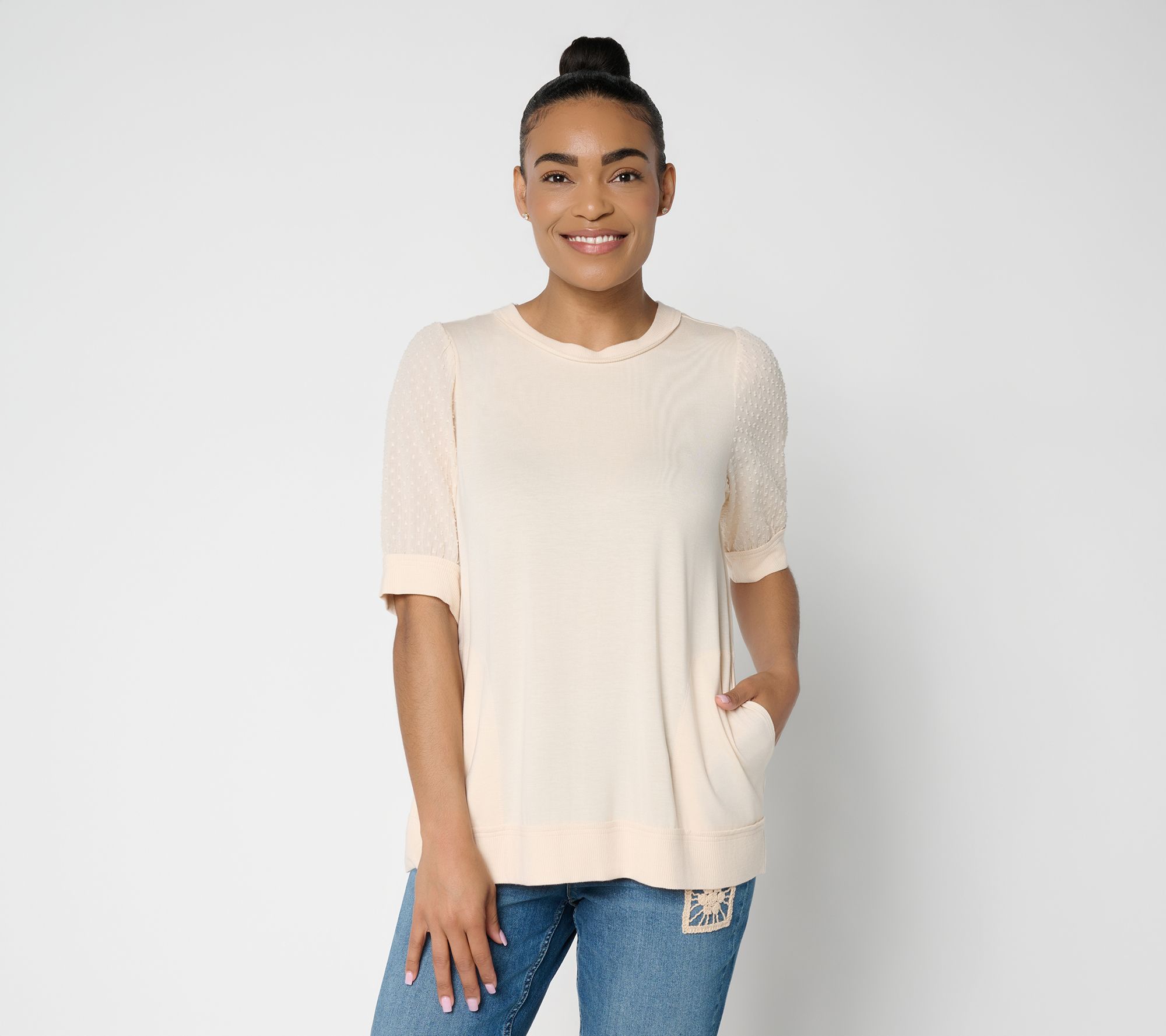 LOGO by Lori Goldstein Rayon 230 Elbow Sleeve Mixed Media Top