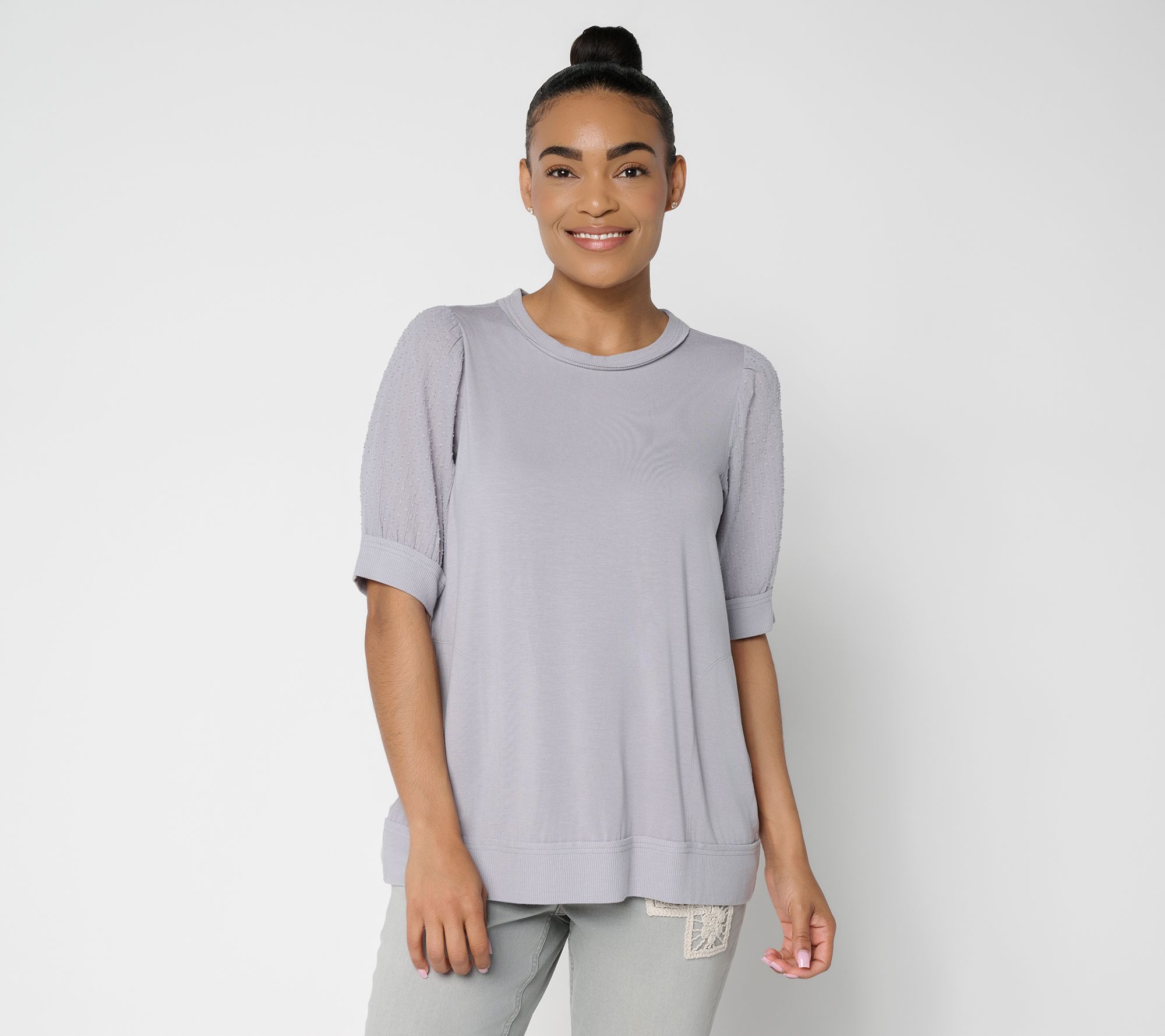 LOGO by Lori Goldstein Rayon 230 Elbow Sleeve Mixed Media Top