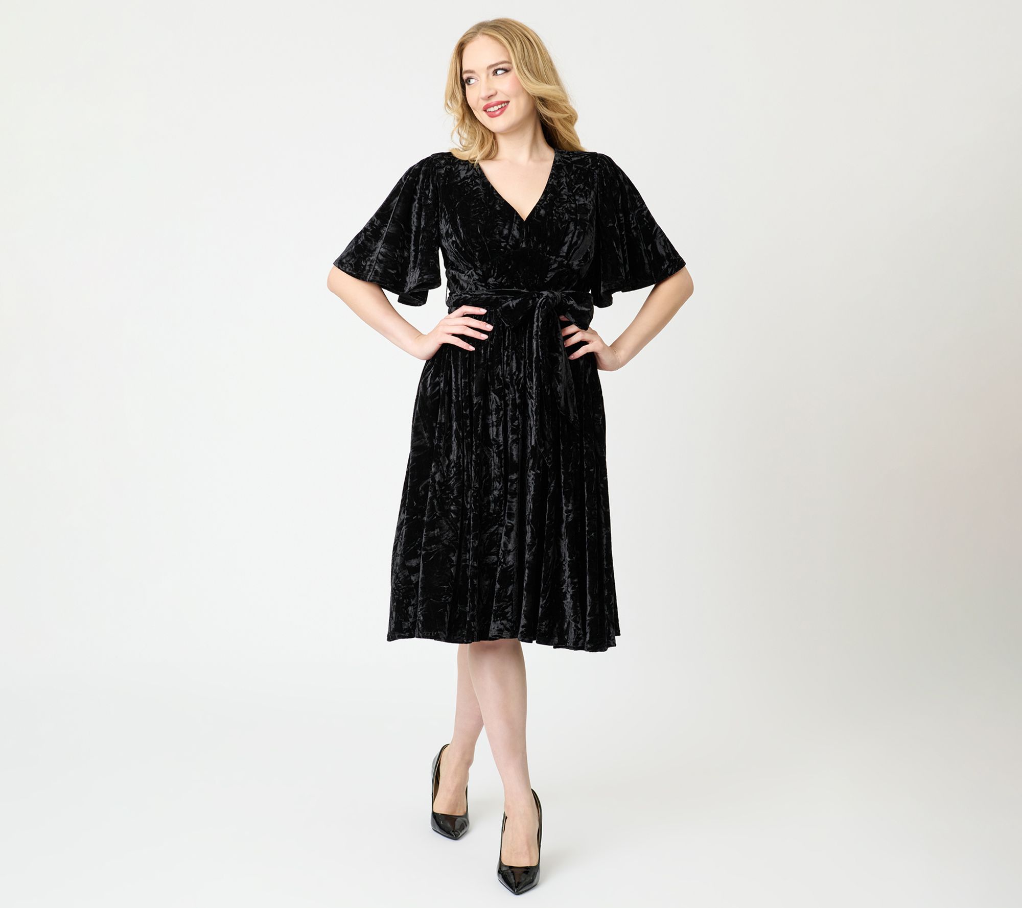 Unique Vintage Black Velvet Flutter Sleeve Lenora Swing Dress