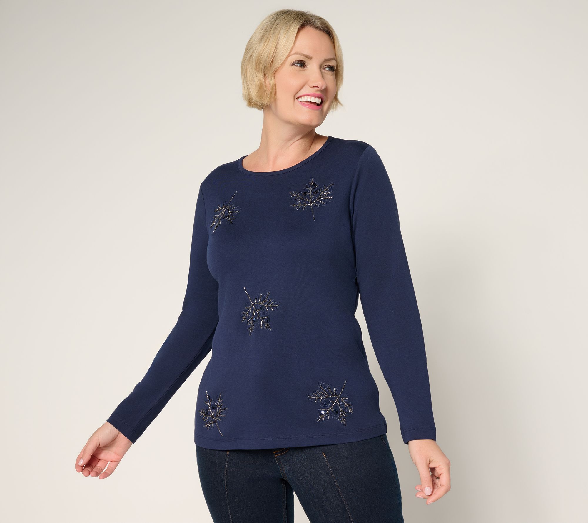 "As Is" Denim & Co. 100% Cotton Jersey Long Sleeve Embroidered Top