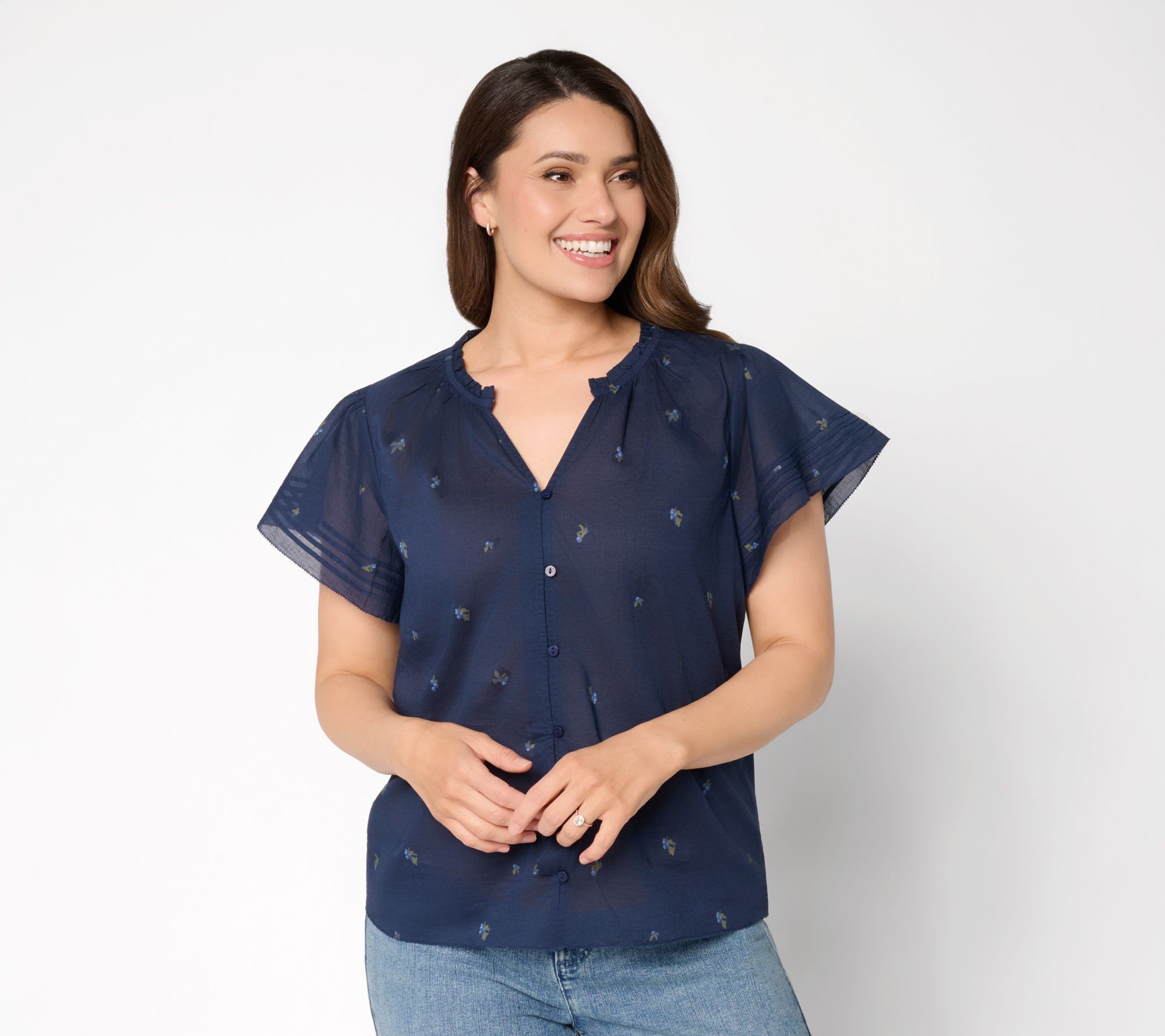 Me by Jennie Garth 100% Cotton Flutter Sleeve Printed Blouse