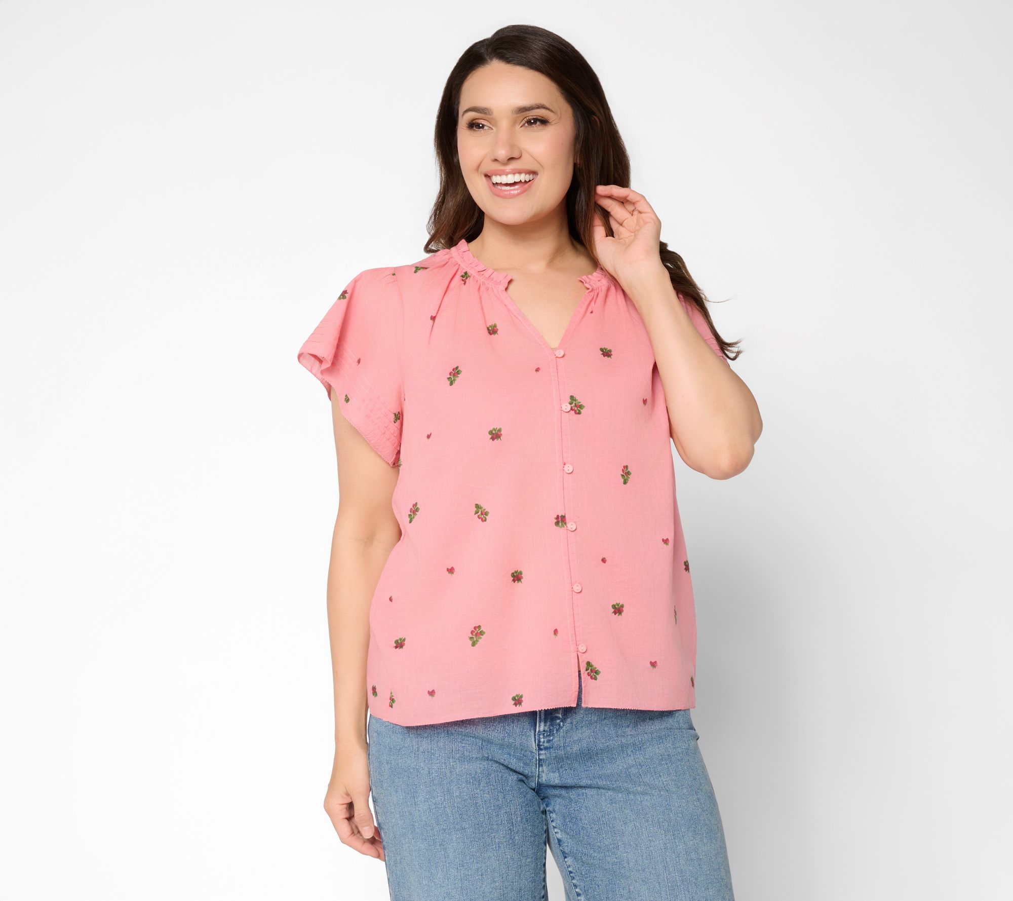 Me by Jennie Garth 100% Cotton Flutter Sleeve Printed Blouse
