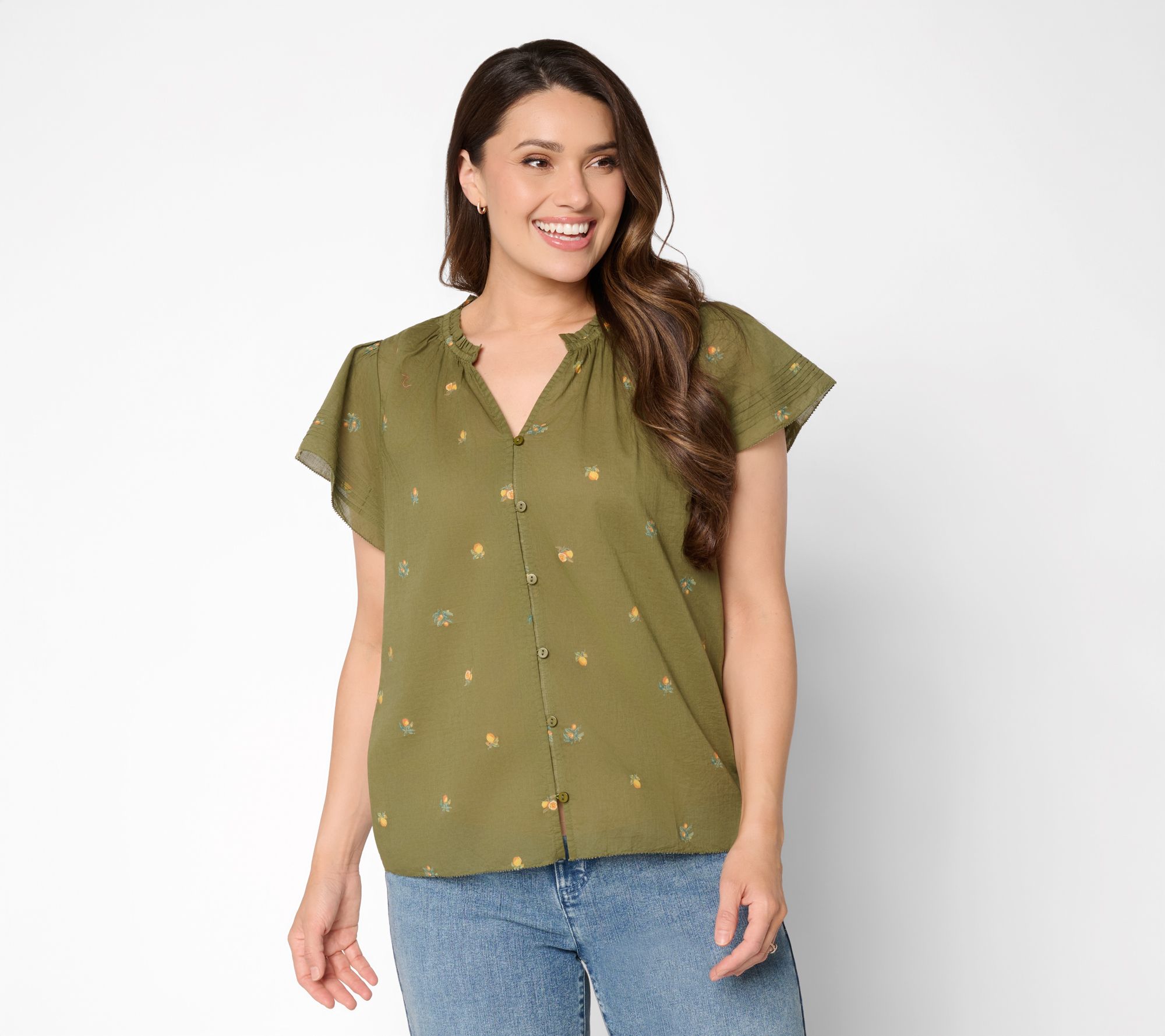 Me by Jennie Garth 100% Cotton Flutter Sleeve Printed Blouse