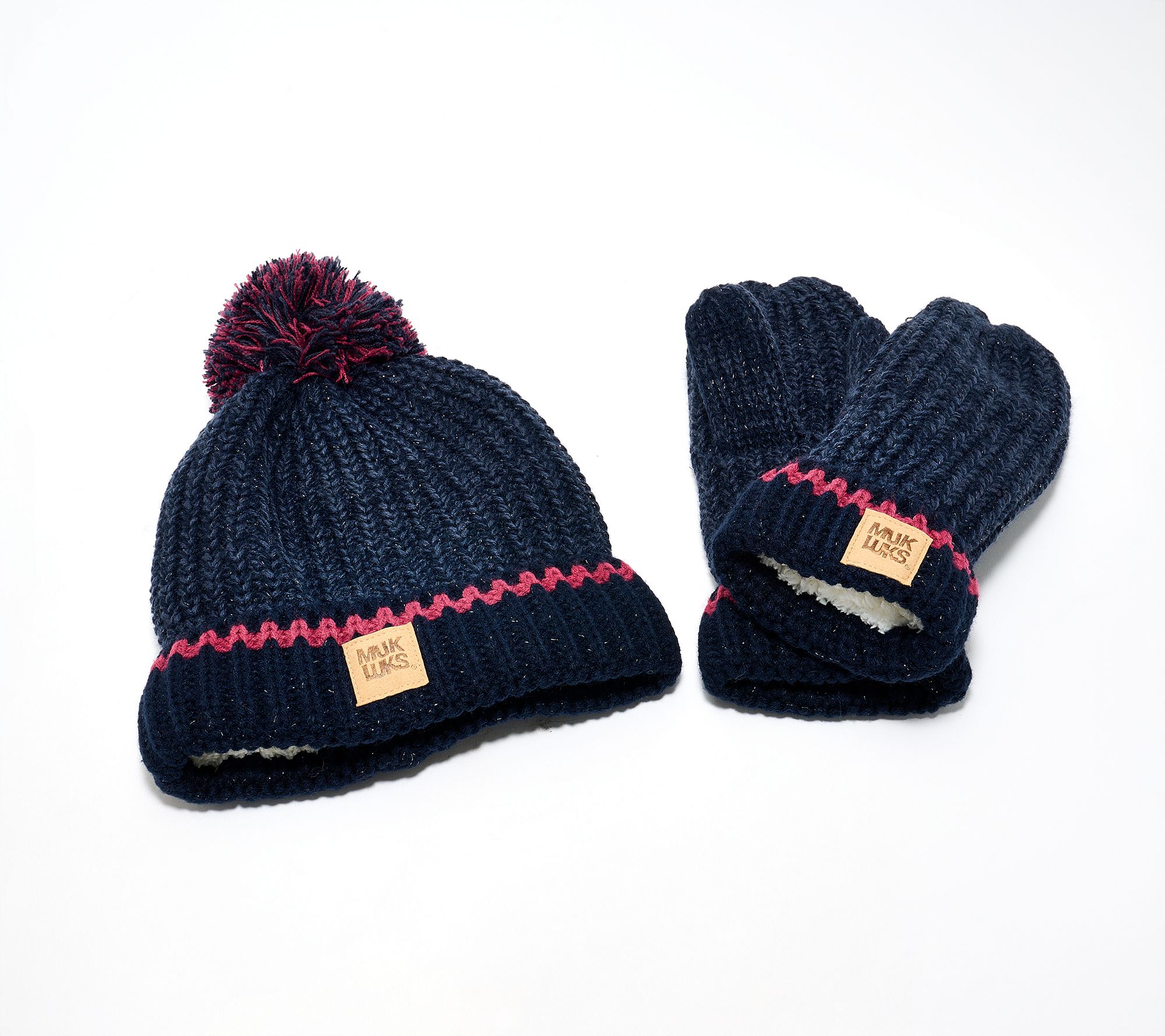 "As Is" MUK LUKS Hint of Sparkle Chunky Knit Pom Pom Hat & Mittens