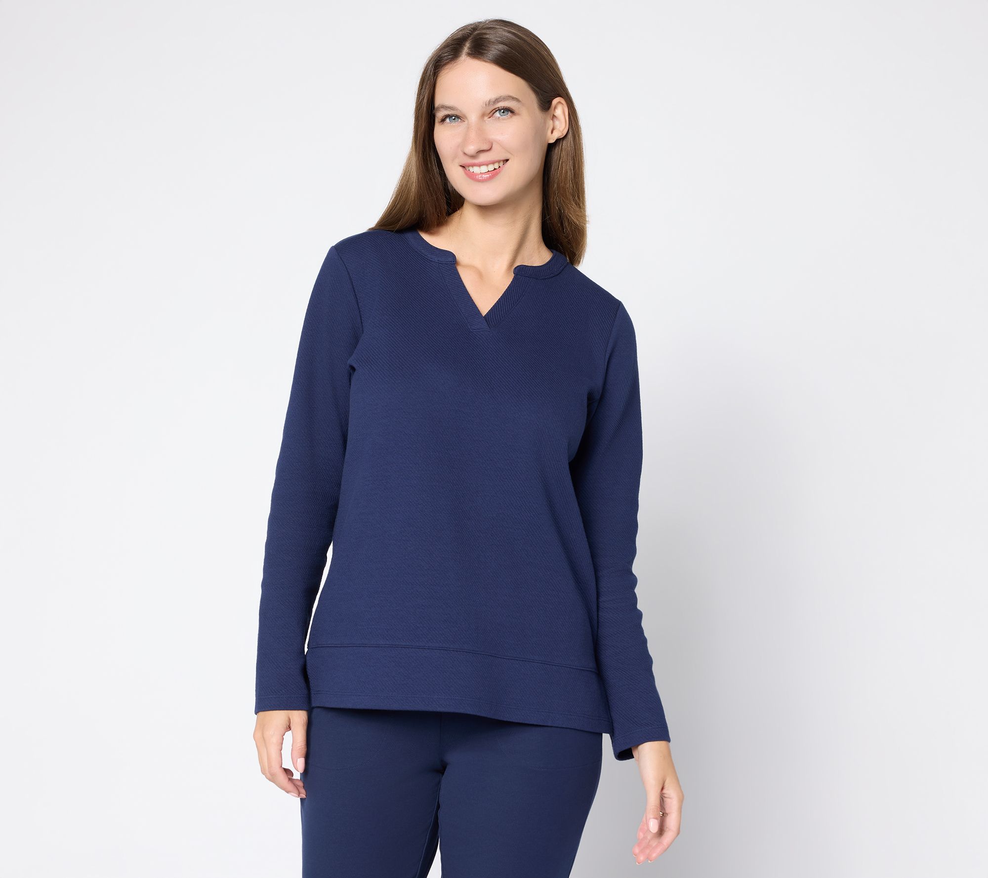 "As Is" Denim & Co. Texture Terry Long Sleeve Split Neck Top