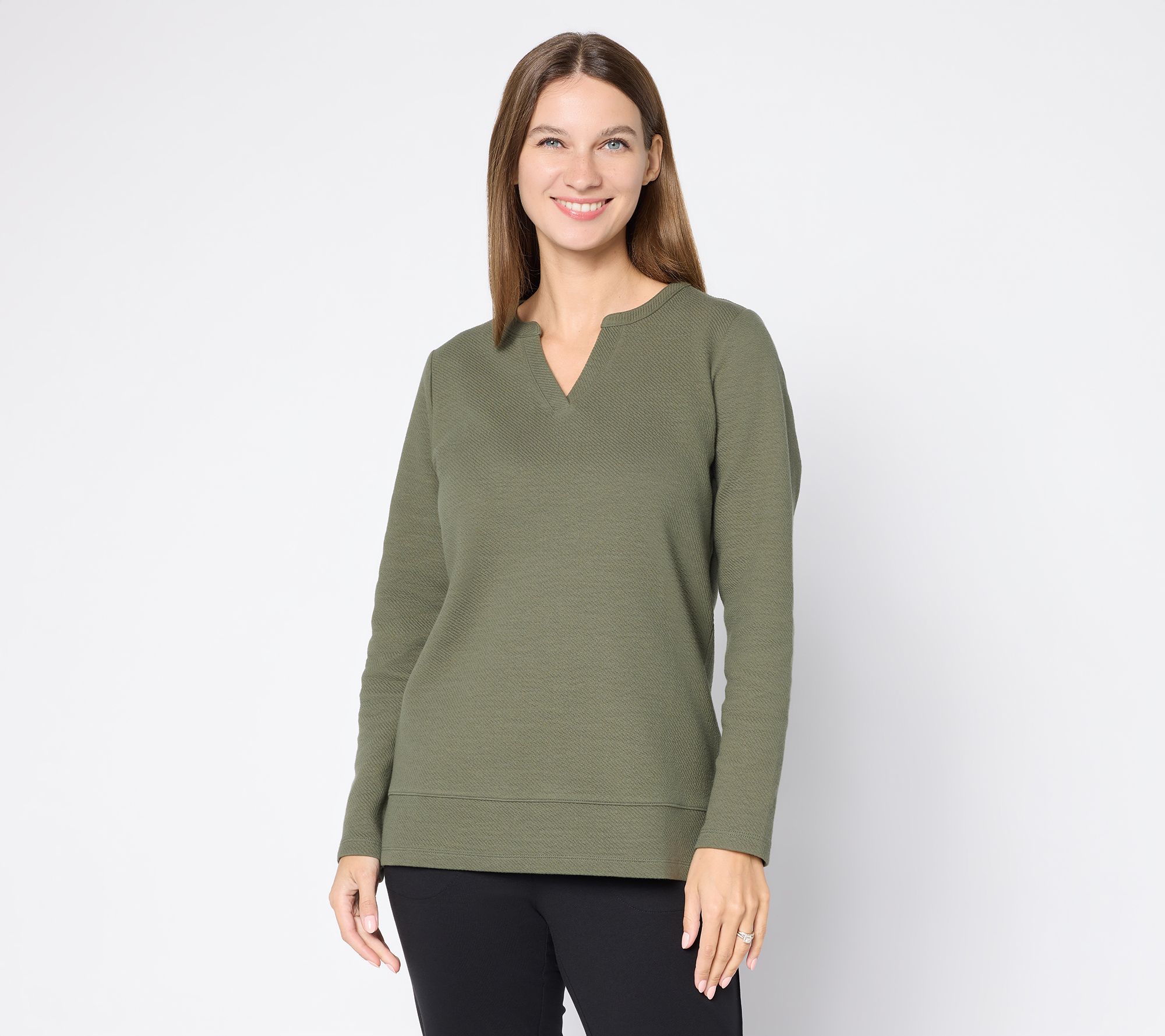 "As Is" Denim & Co. Texture Terry Long Sleeve Split Neck Top