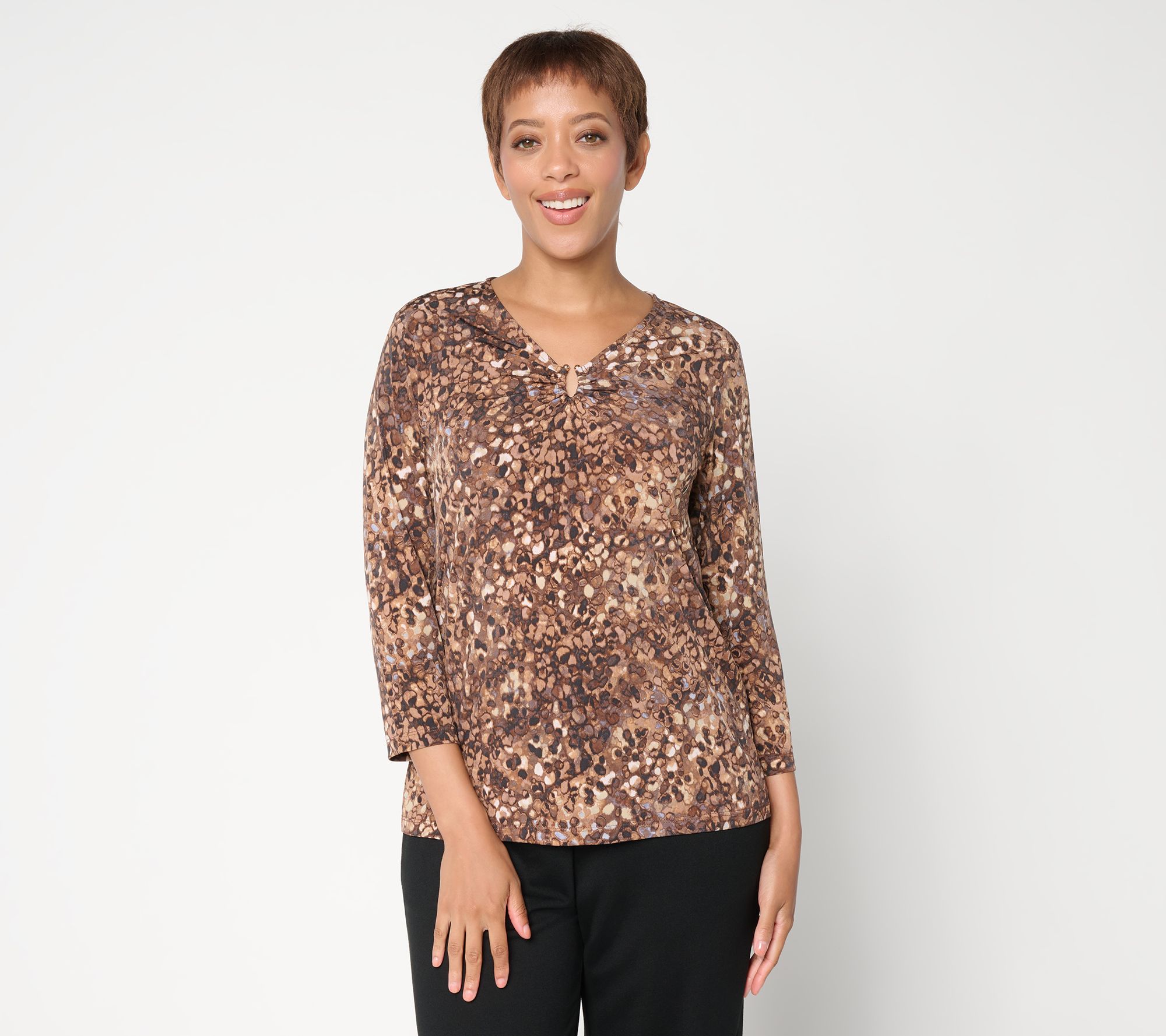 Susan Graver Printed Liquid Knit 3/4 Sleeve Top w/ Neckline Trm