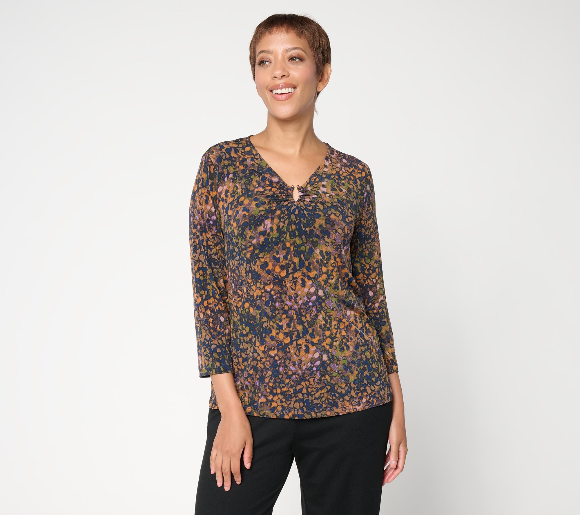 Susan Graver Printed Liquid Knit 3/4 Sleeve Top with Neckline Trim