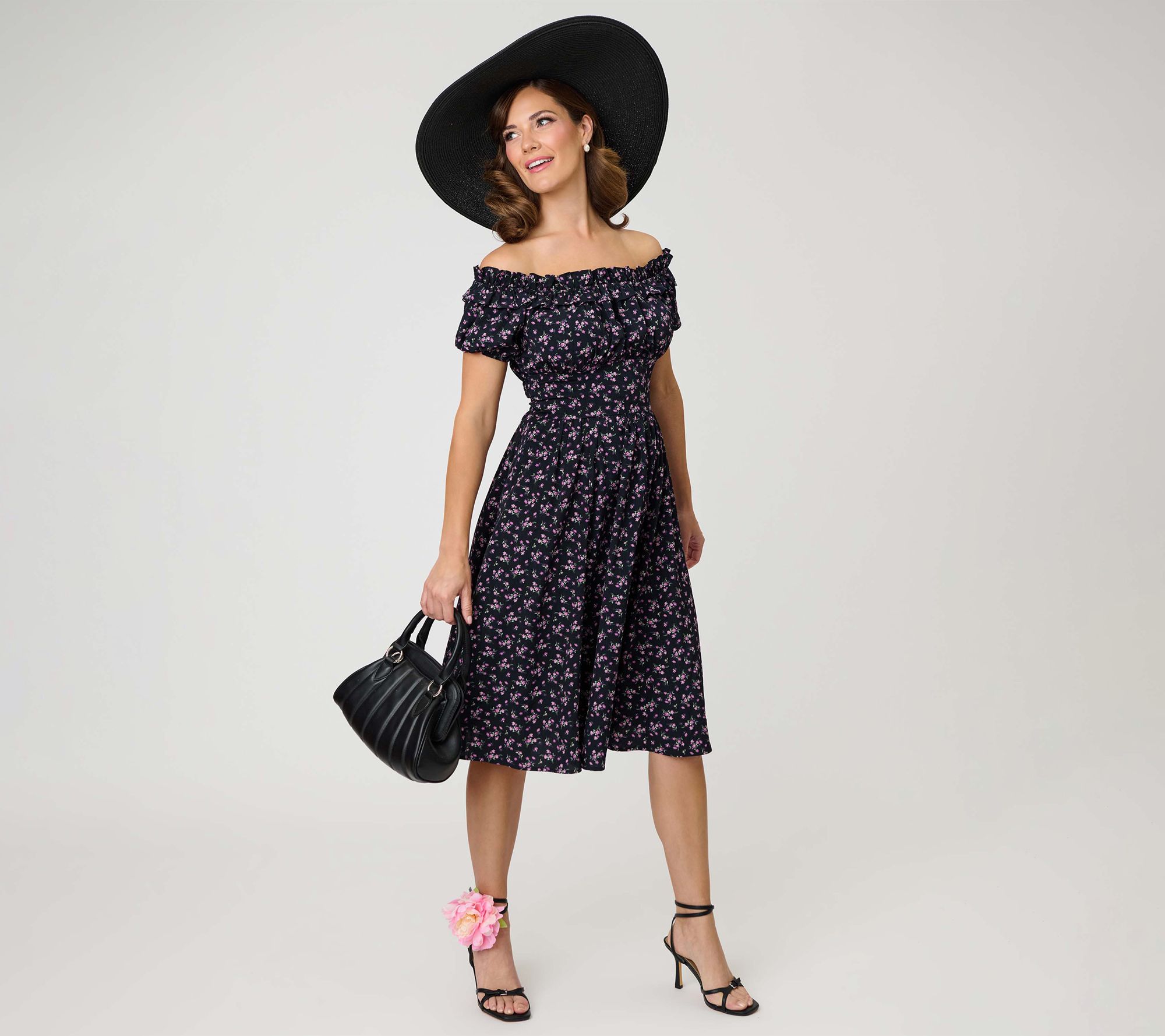 Unique Vintage Ditzy Off The Shoulder Ruffle Swing Dress