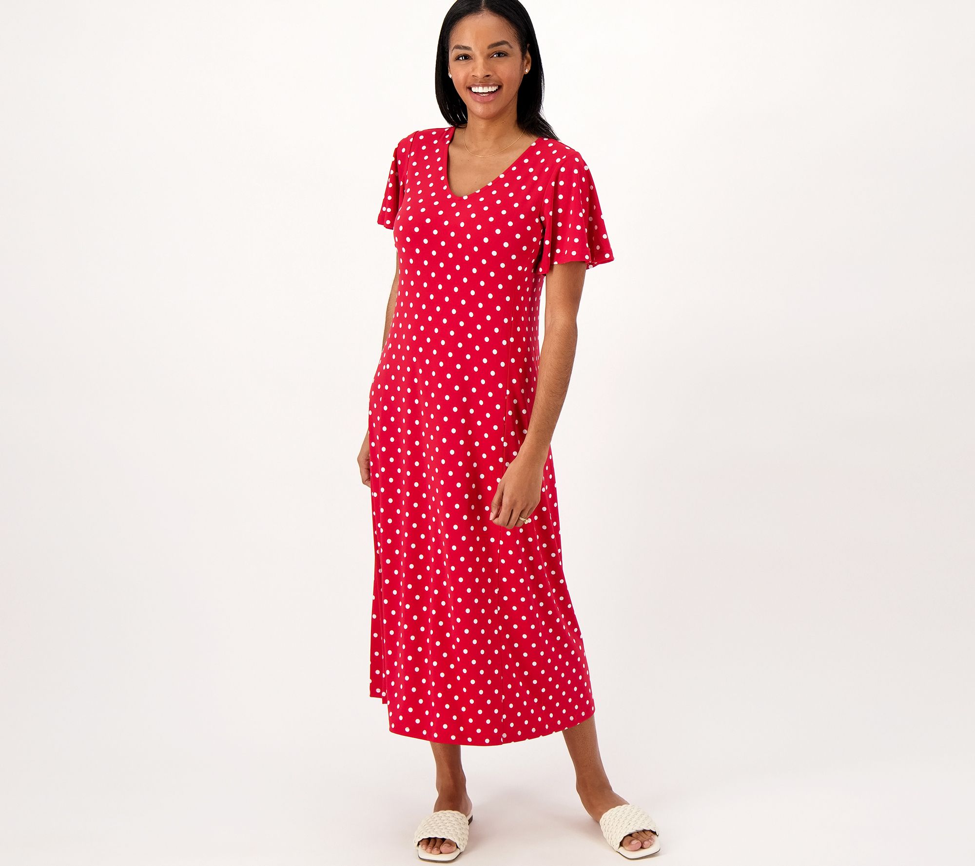 Susan Graver Printed Liquid Knit Midi Dress with Flutter Sleeves - QVC.com